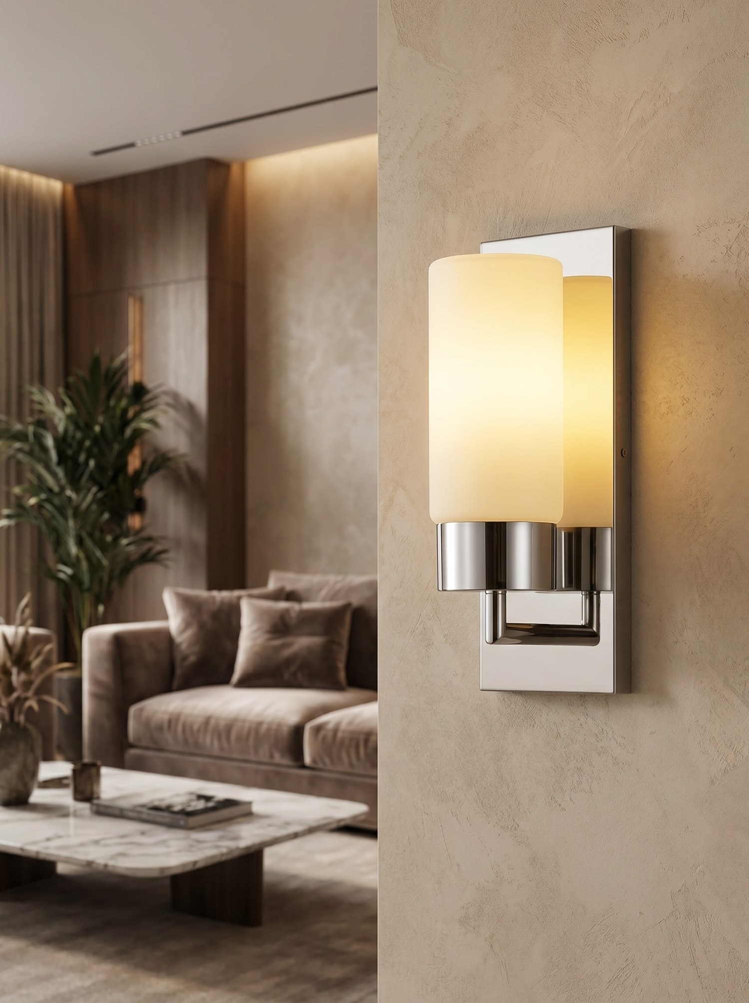 Chrome wall sconce on interior wall, lifestyle