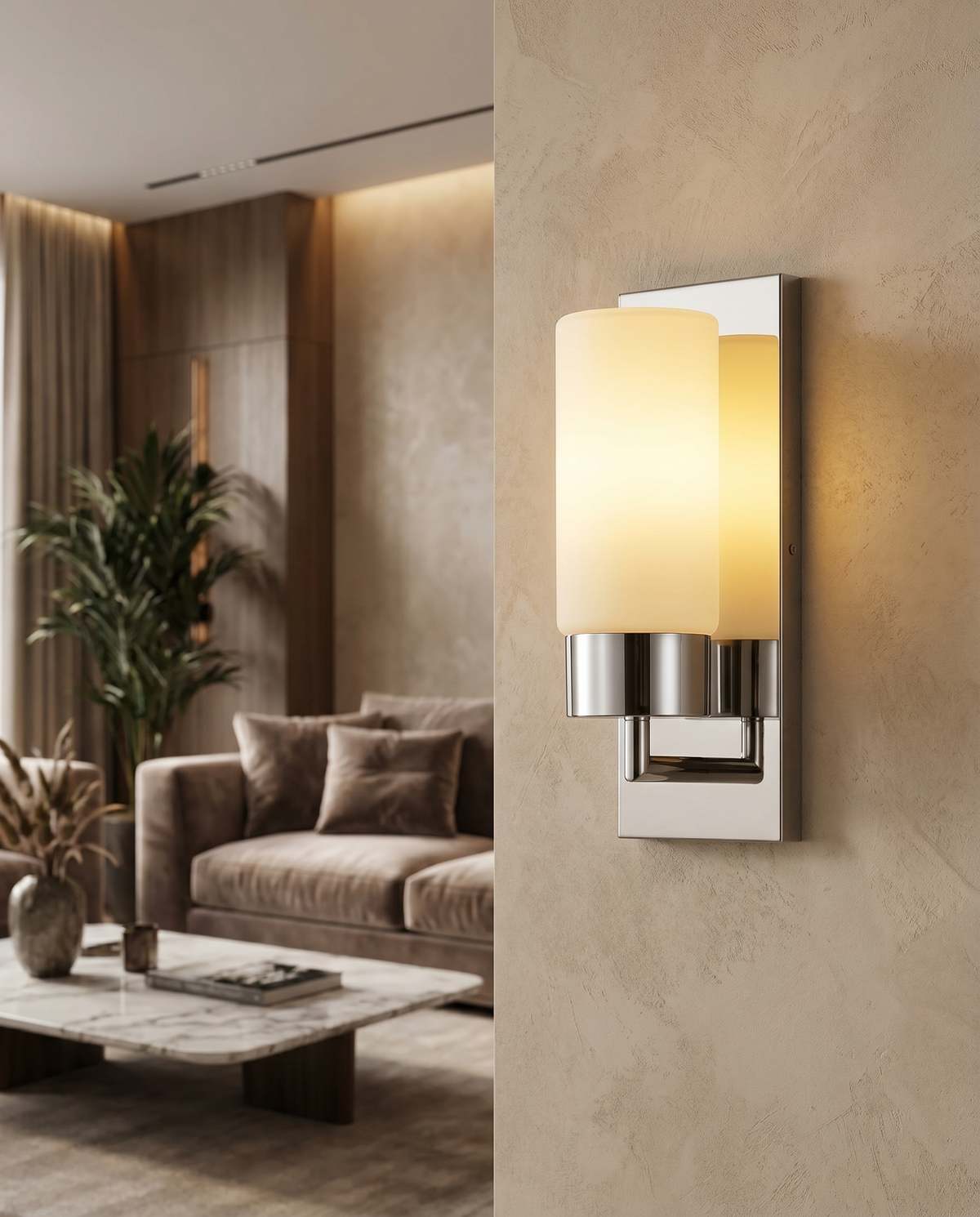 Chrome wall sconce on interior wall, lifestyle