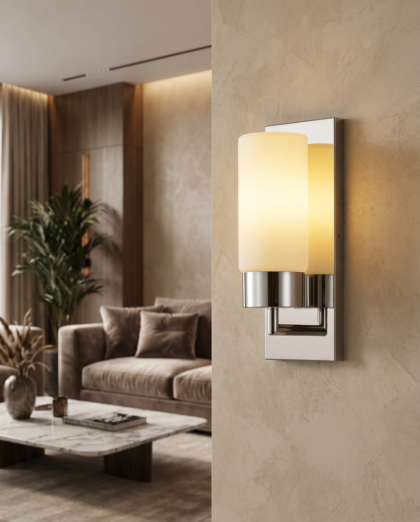 Chrome wall sconce on interior wall, lifestyle