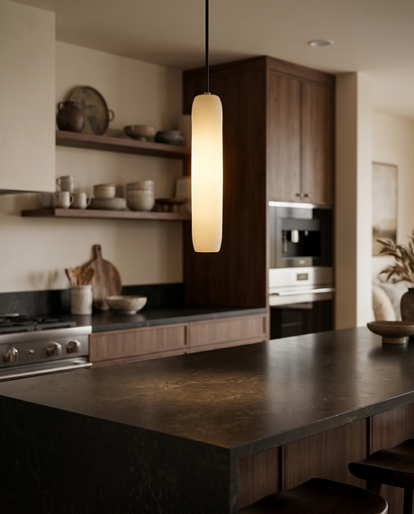 Glass pendant light over kitchen island, lifestyle
