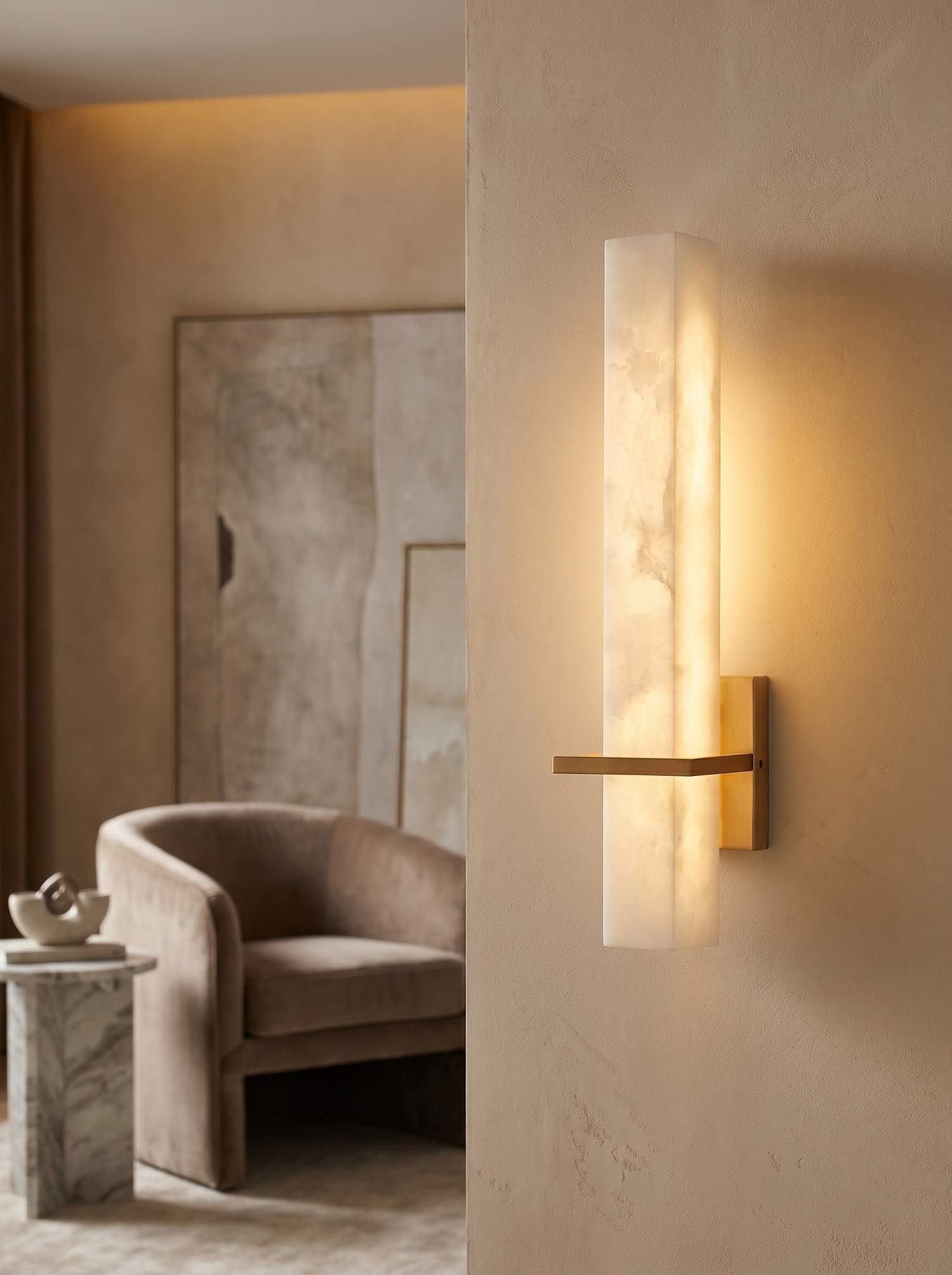 Wall sconce with copper accents on interior wall, lifestyle
