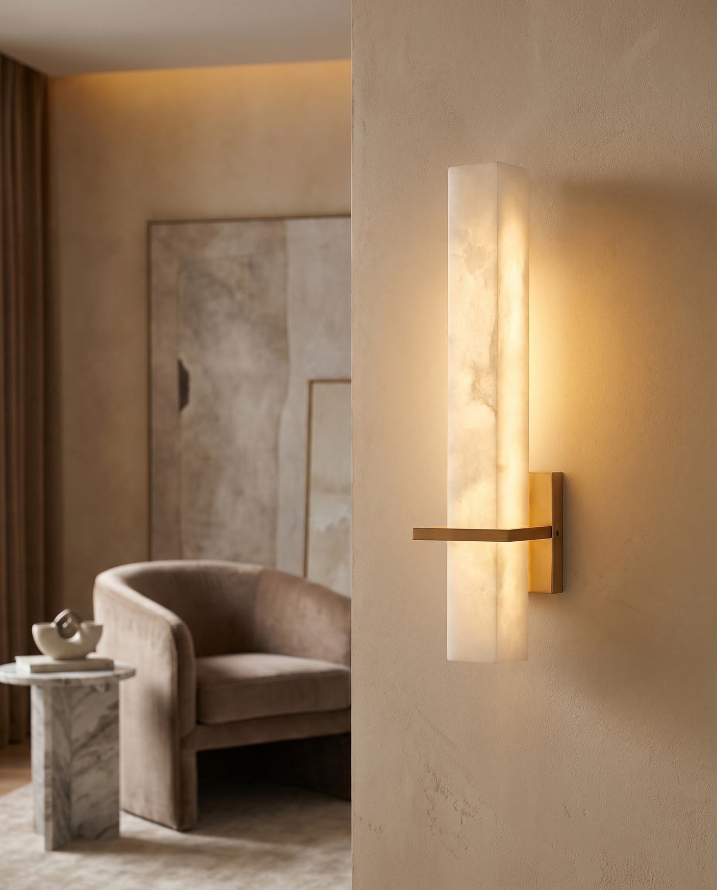 Wall sconce with copper accents on interior wall, lifestyle