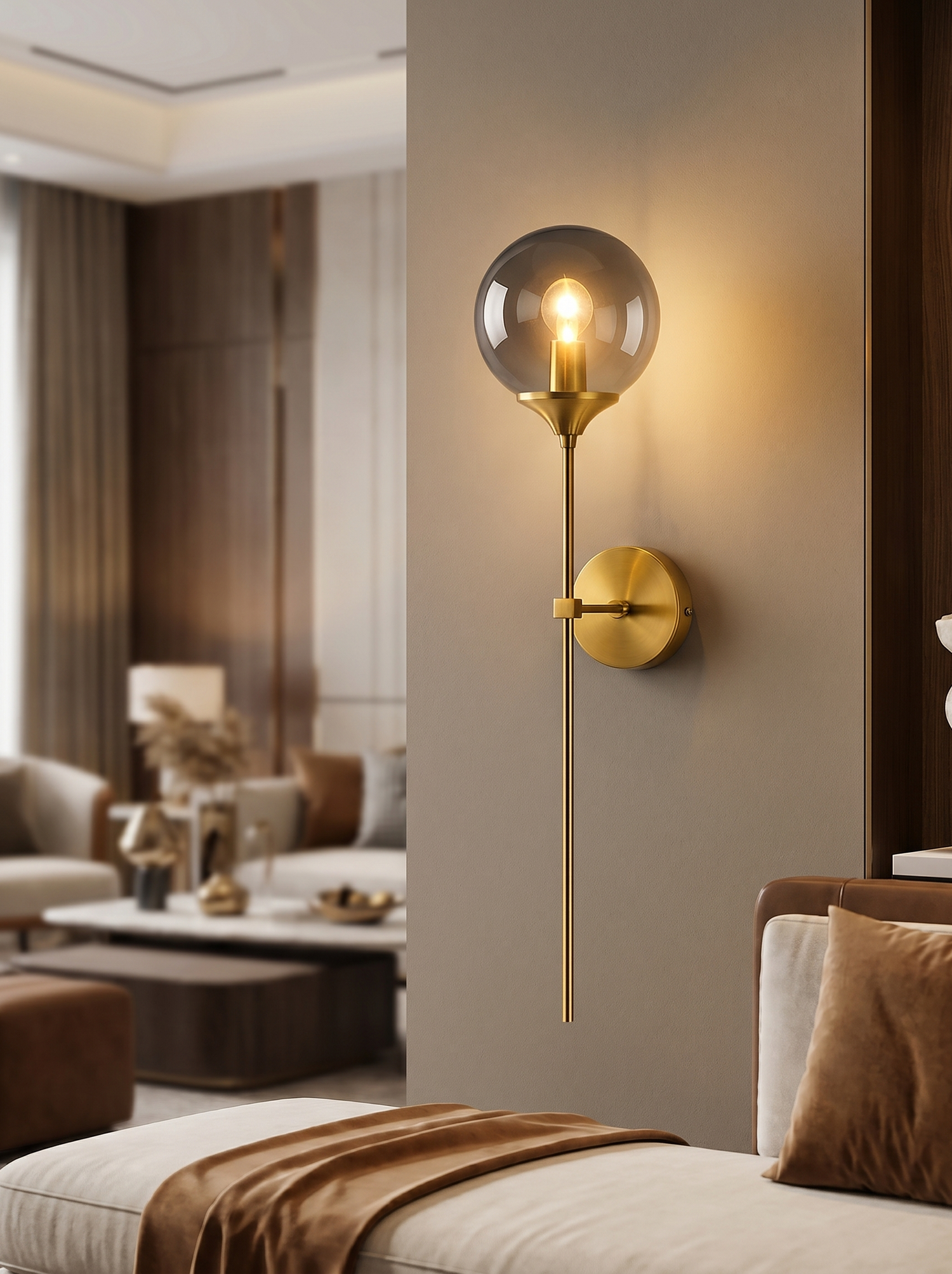 Glass wall sconce on contemporary interior wall, lifestyle
