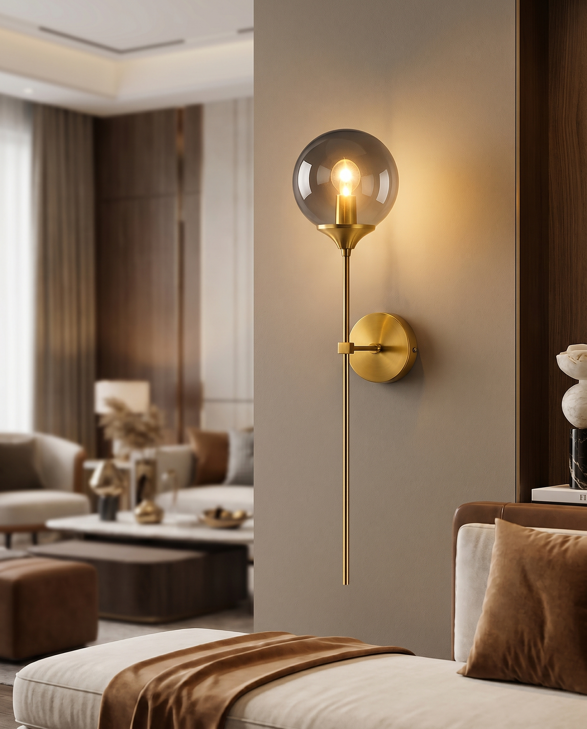 Glass wall sconce on contemporary interior wall, lifestyle