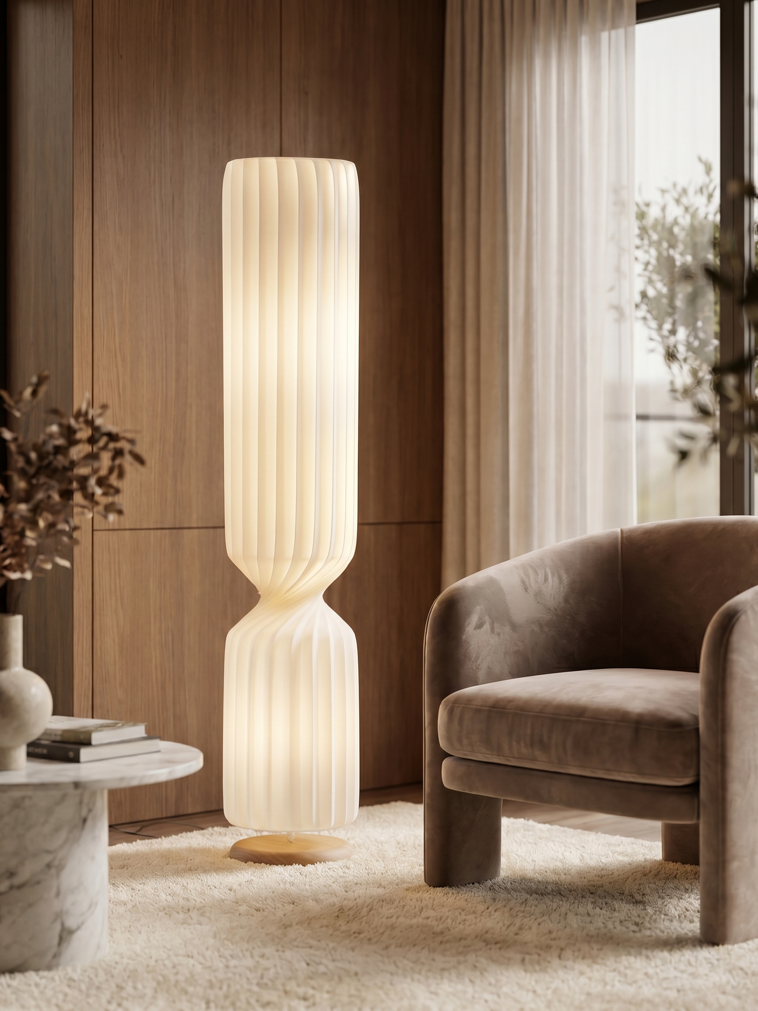Modern floor lamp in living room corner, lifestyle