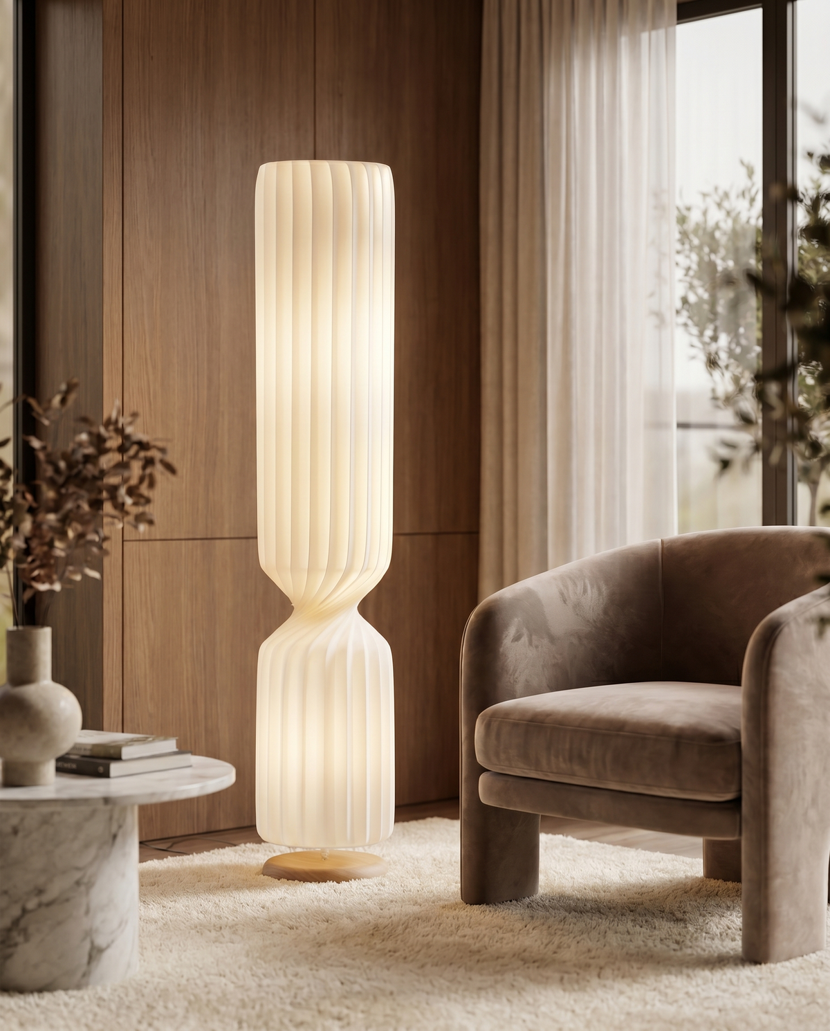 Modern floor lamp in living room corner, lifestyle