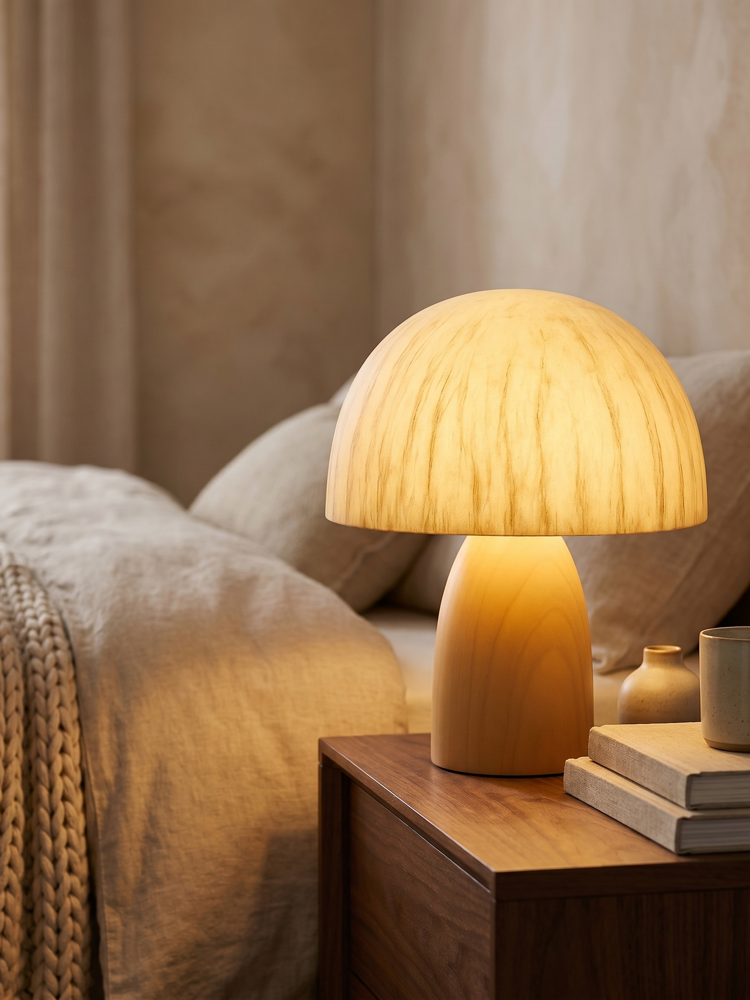 Minimalist wood table lamp on bedside table, lifestyle