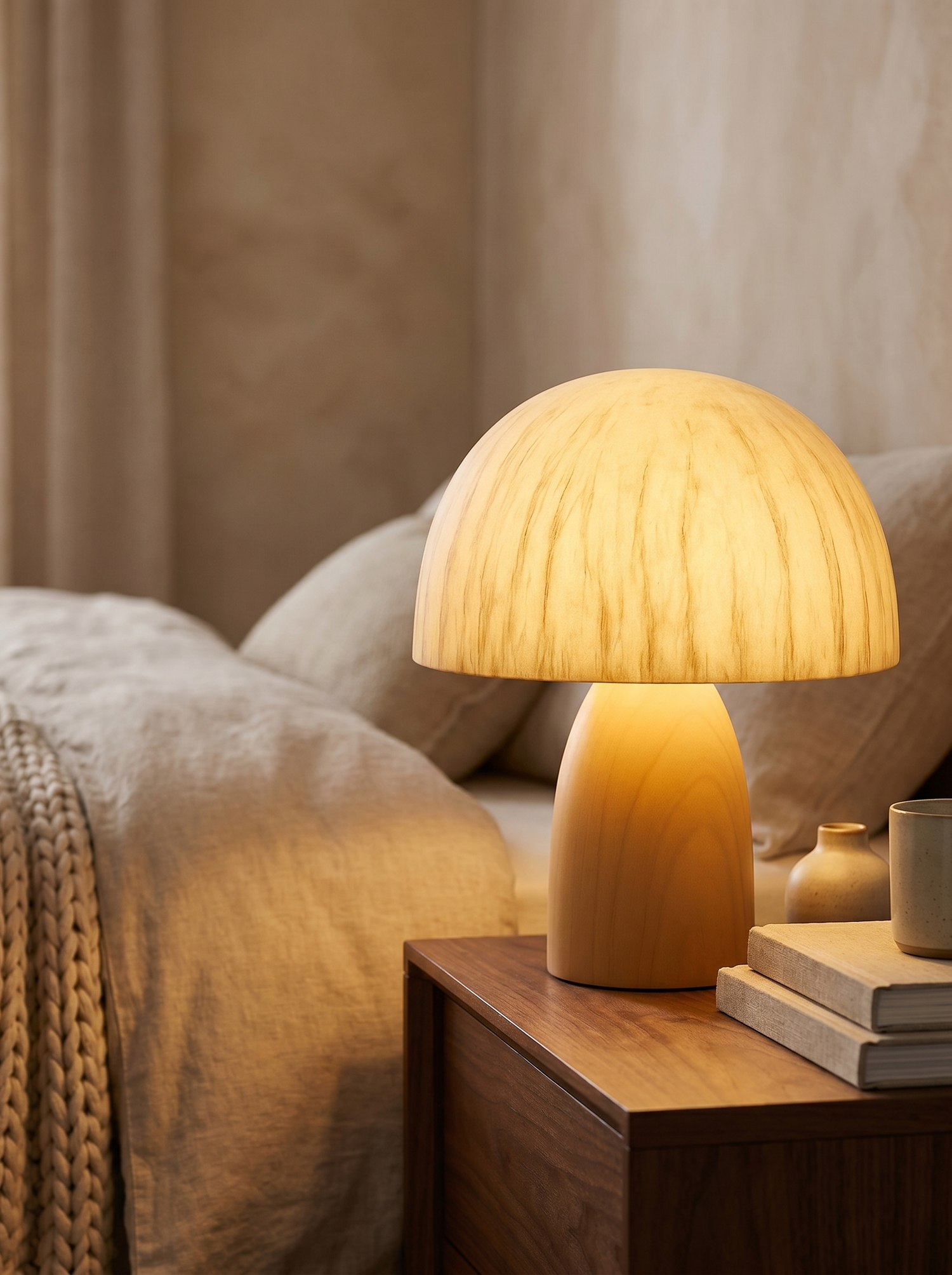Minimalist wood table lamp on bedside table, lifestyle