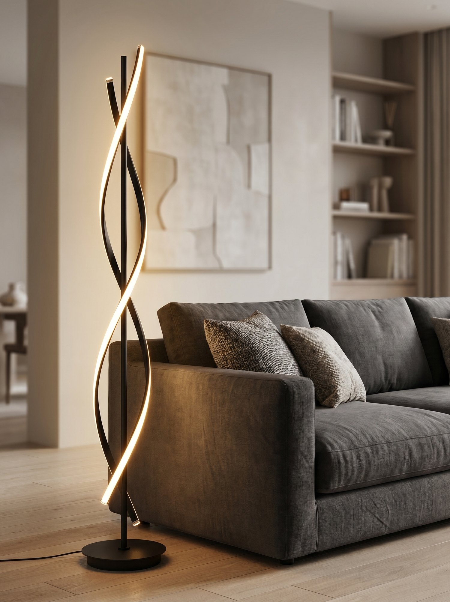 Arc floor lamp over sofa in living room, lifestyle