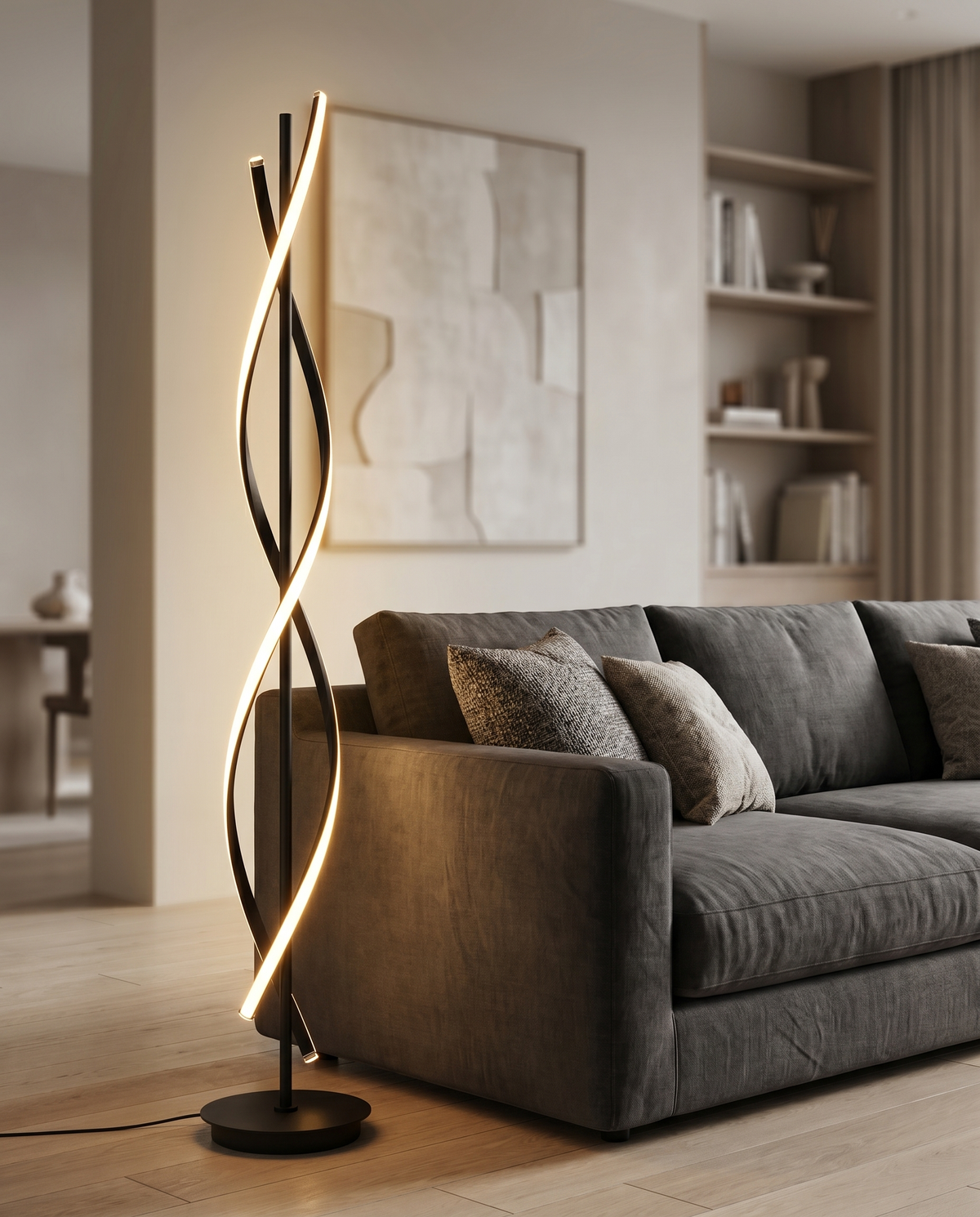 Arc floor lamp over sofa in living room, lifestyle