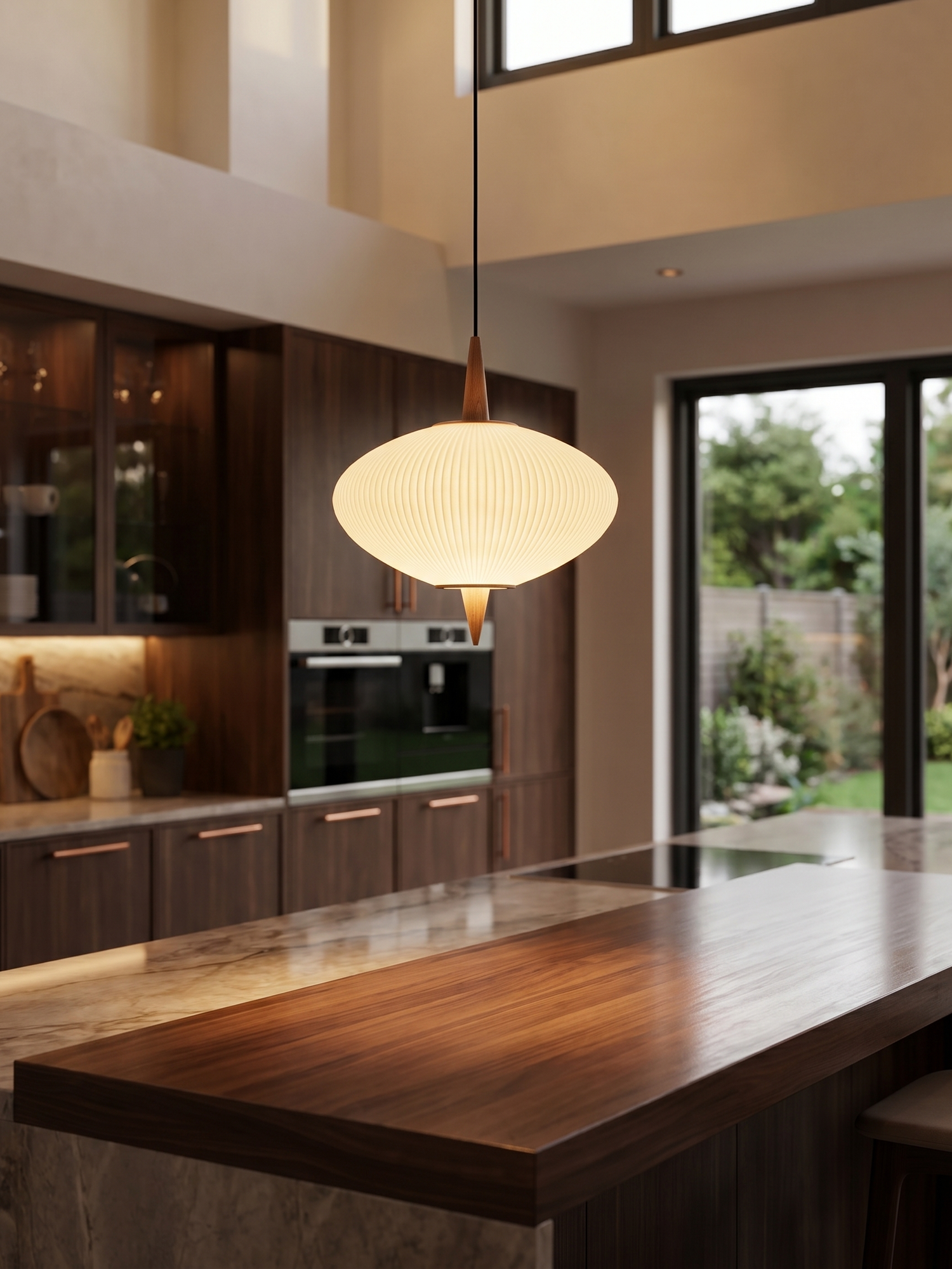 Organic wooden pendant over kitchen island, lifestyle