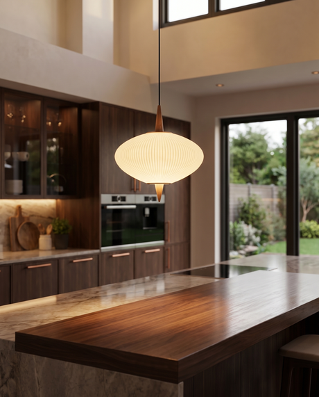 Organic wooden pendant over kitchen island, lifestyle