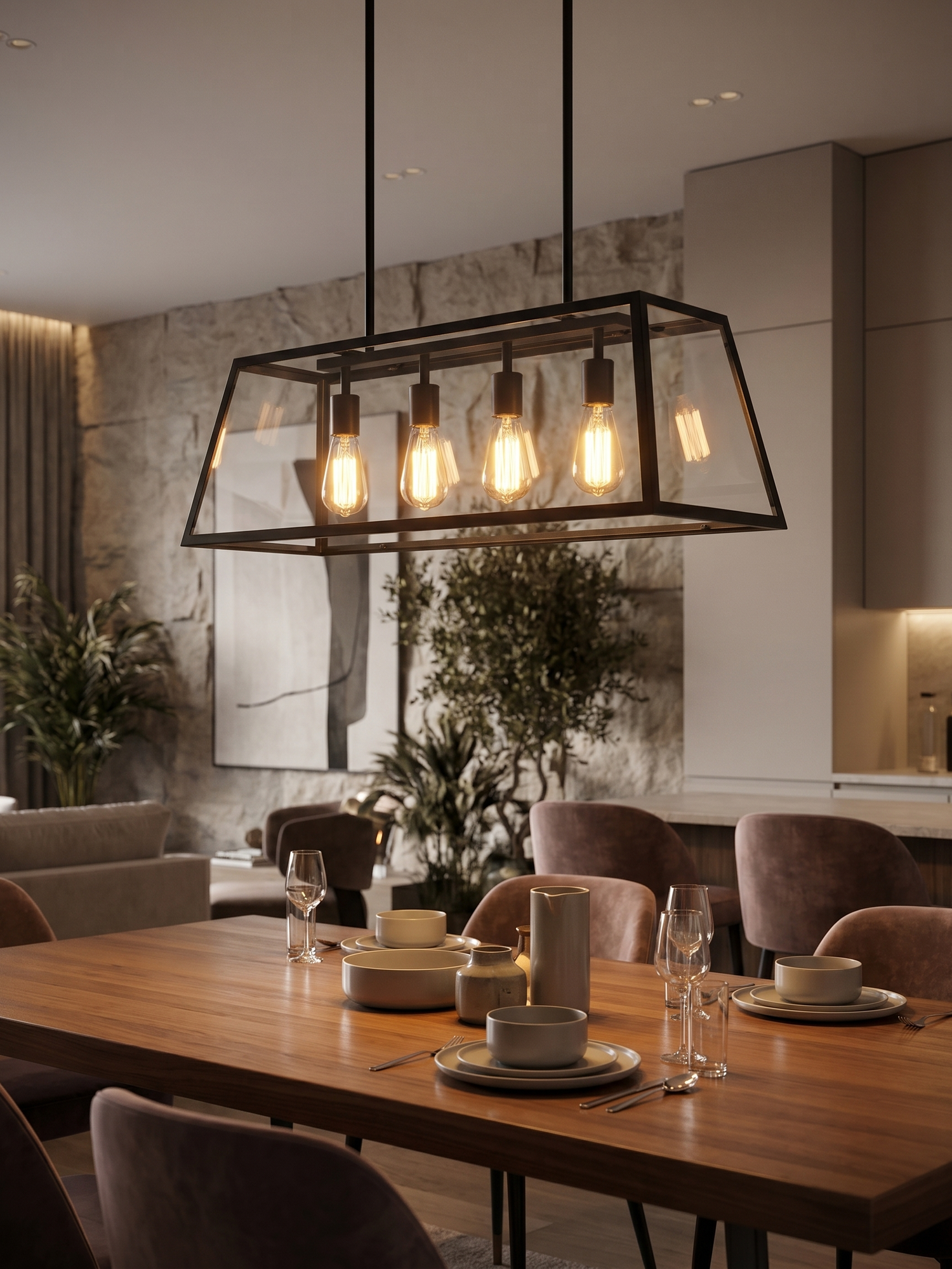 Geometric glass pendant in dining area, lifestyle