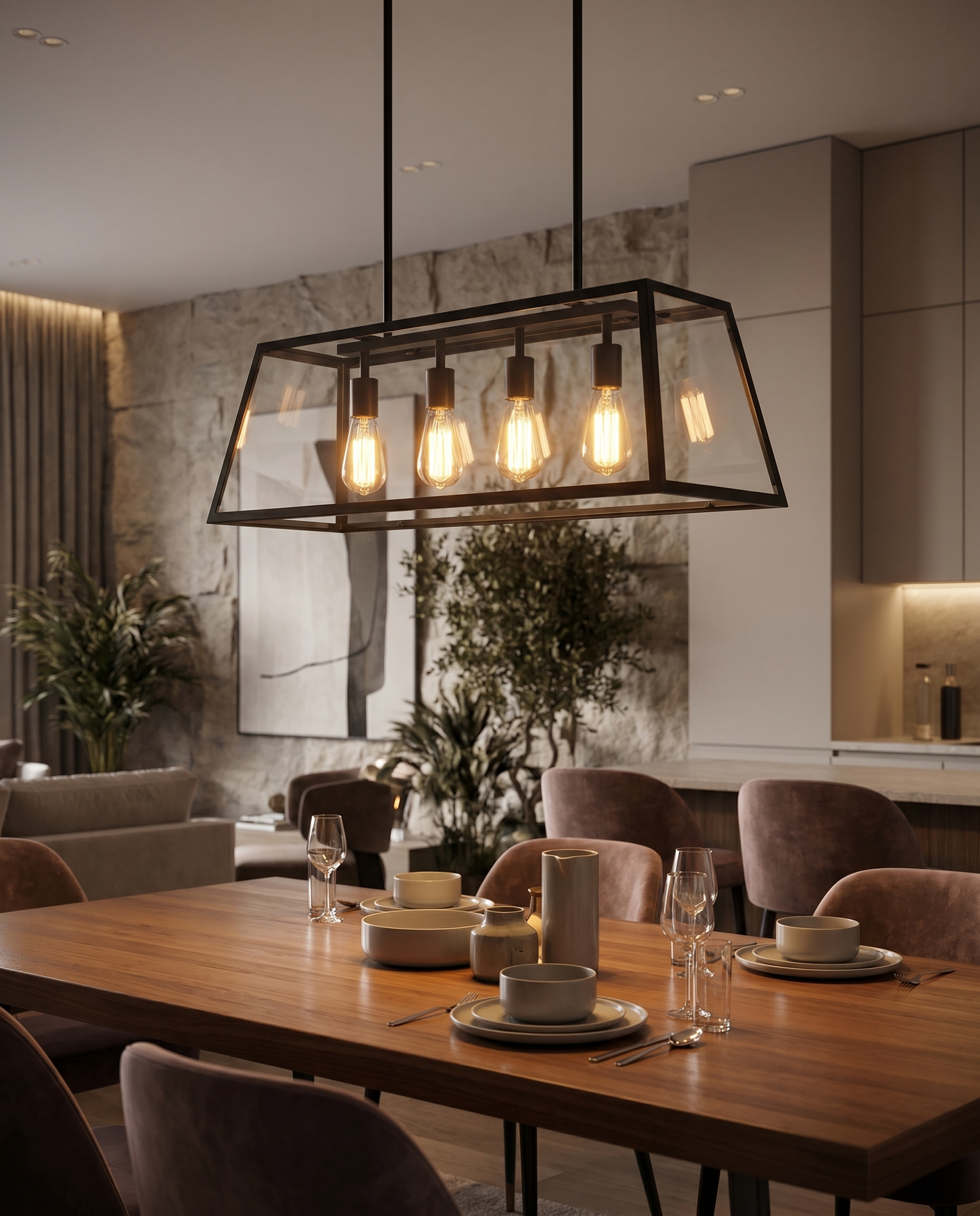Geometric glass pendant in dining area, lifestyle