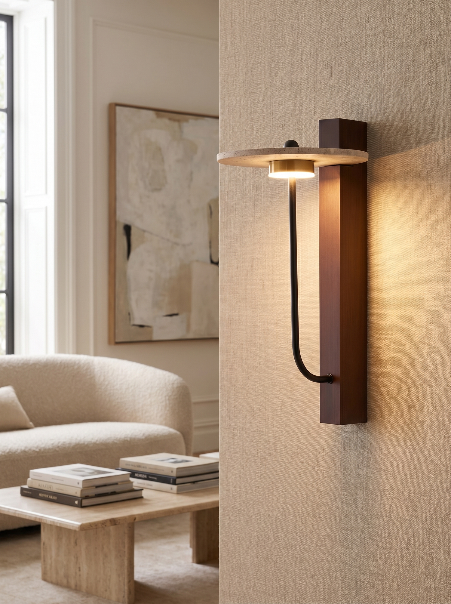 Natural-materials wall sconce on interior wall, lifestyle
