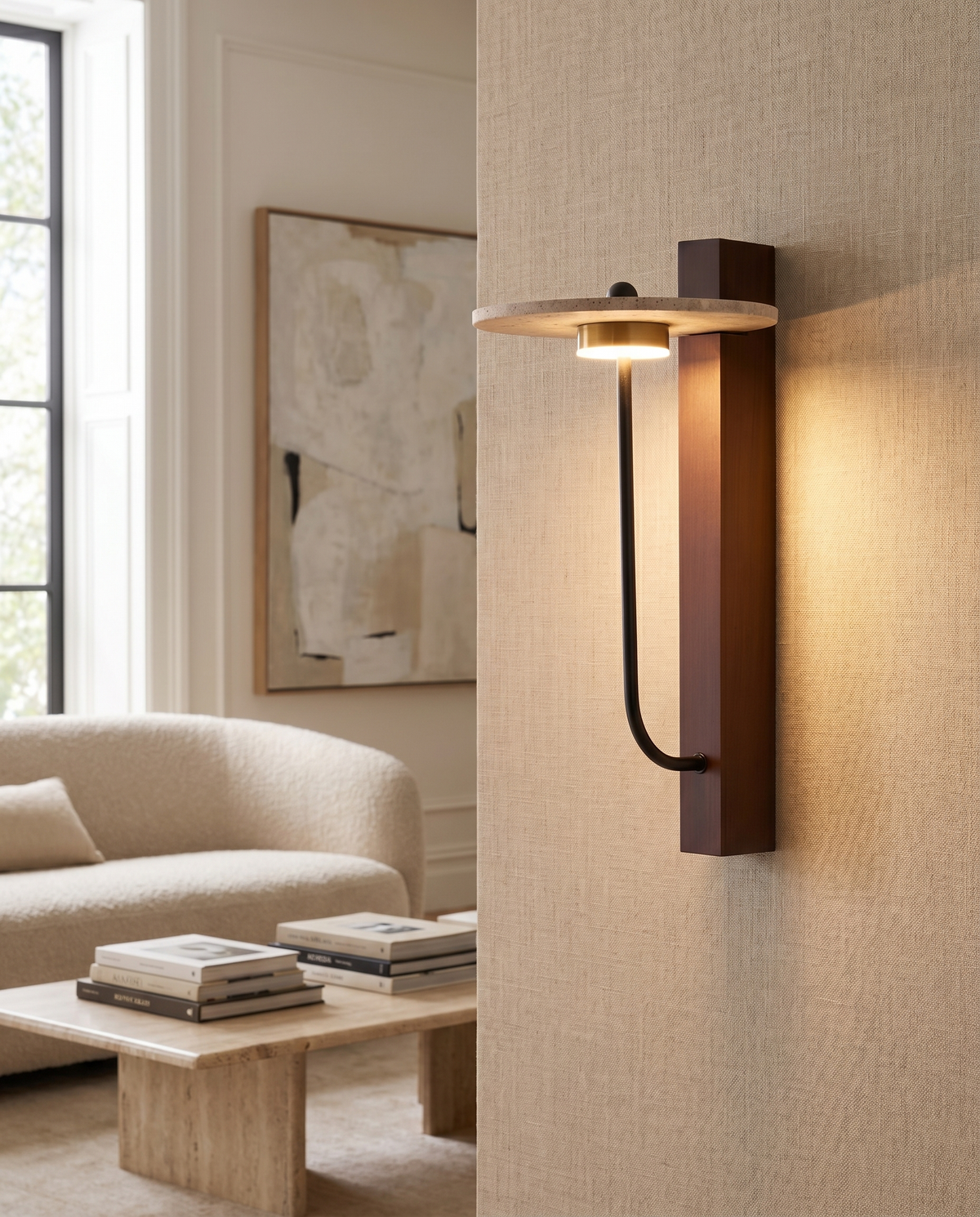 Natural-materials wall sconce on interior wall, lifestyle