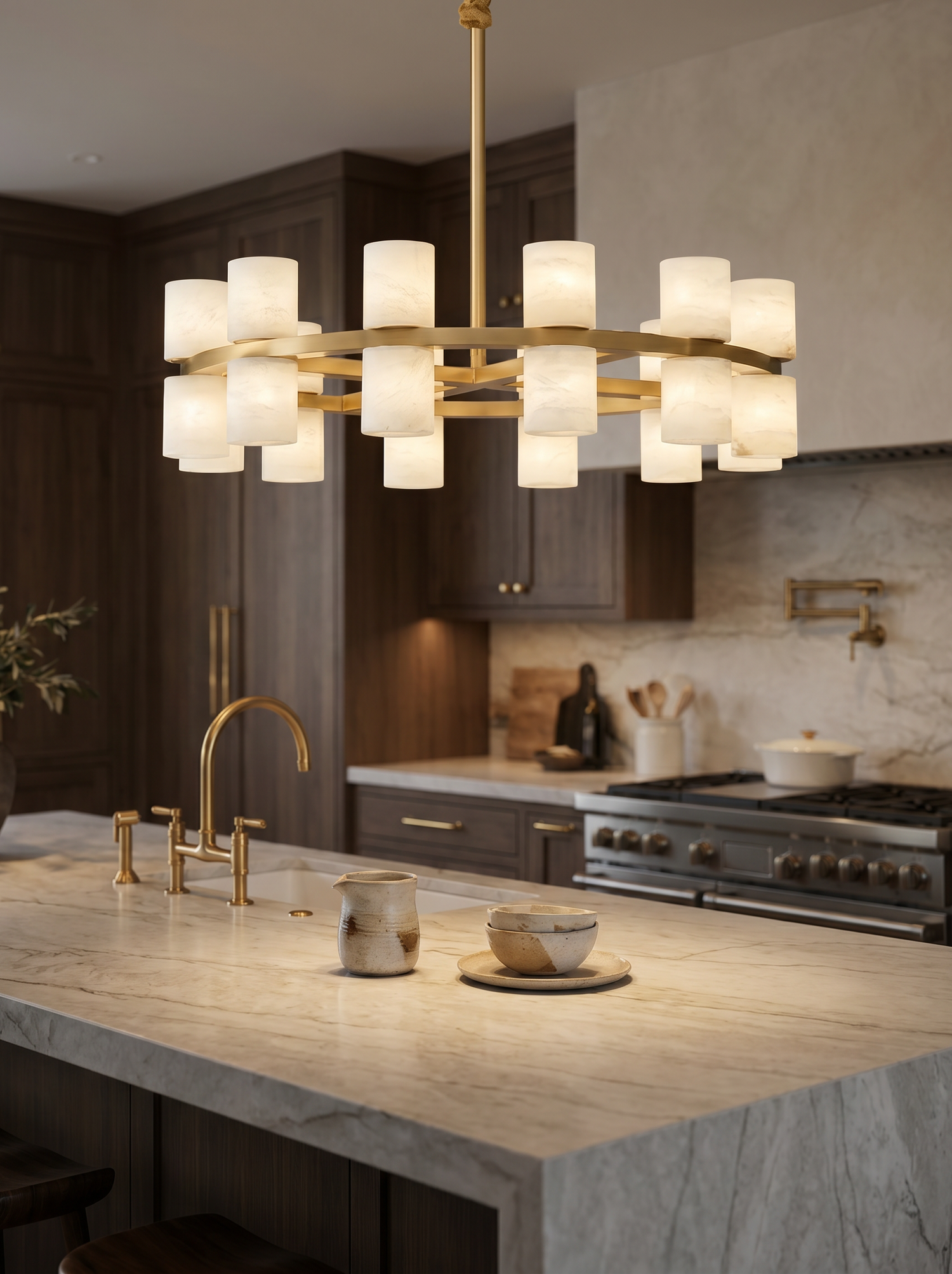 Enzo chandelier over a marble kitchen island — lifestyle