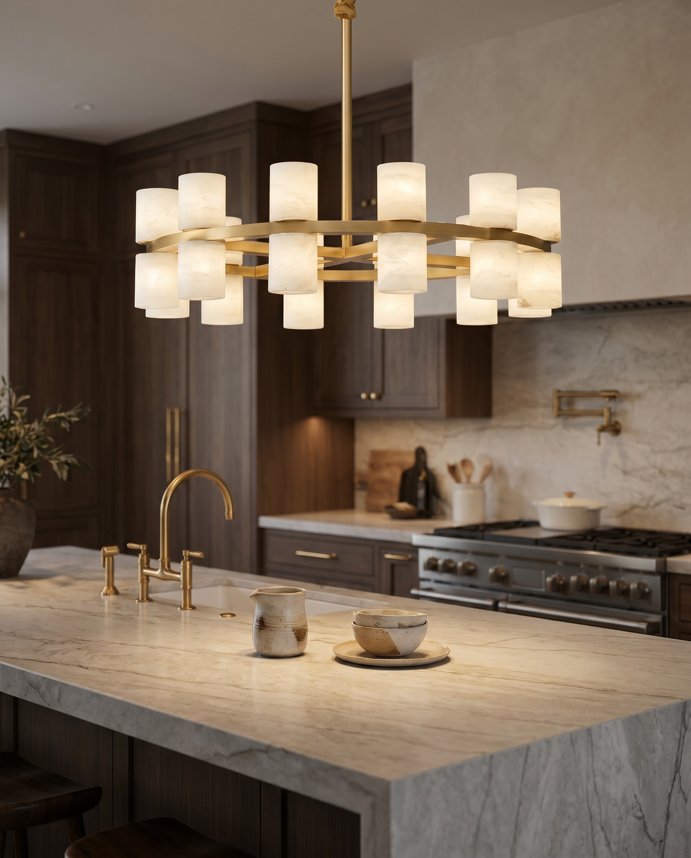 Enzo chandelier over a marble kitchen island — lifestyle