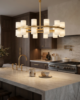 Brass pendant over kitchen island, lifestyle