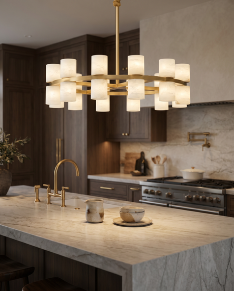Brass pendant over kitchen island, lifestyle