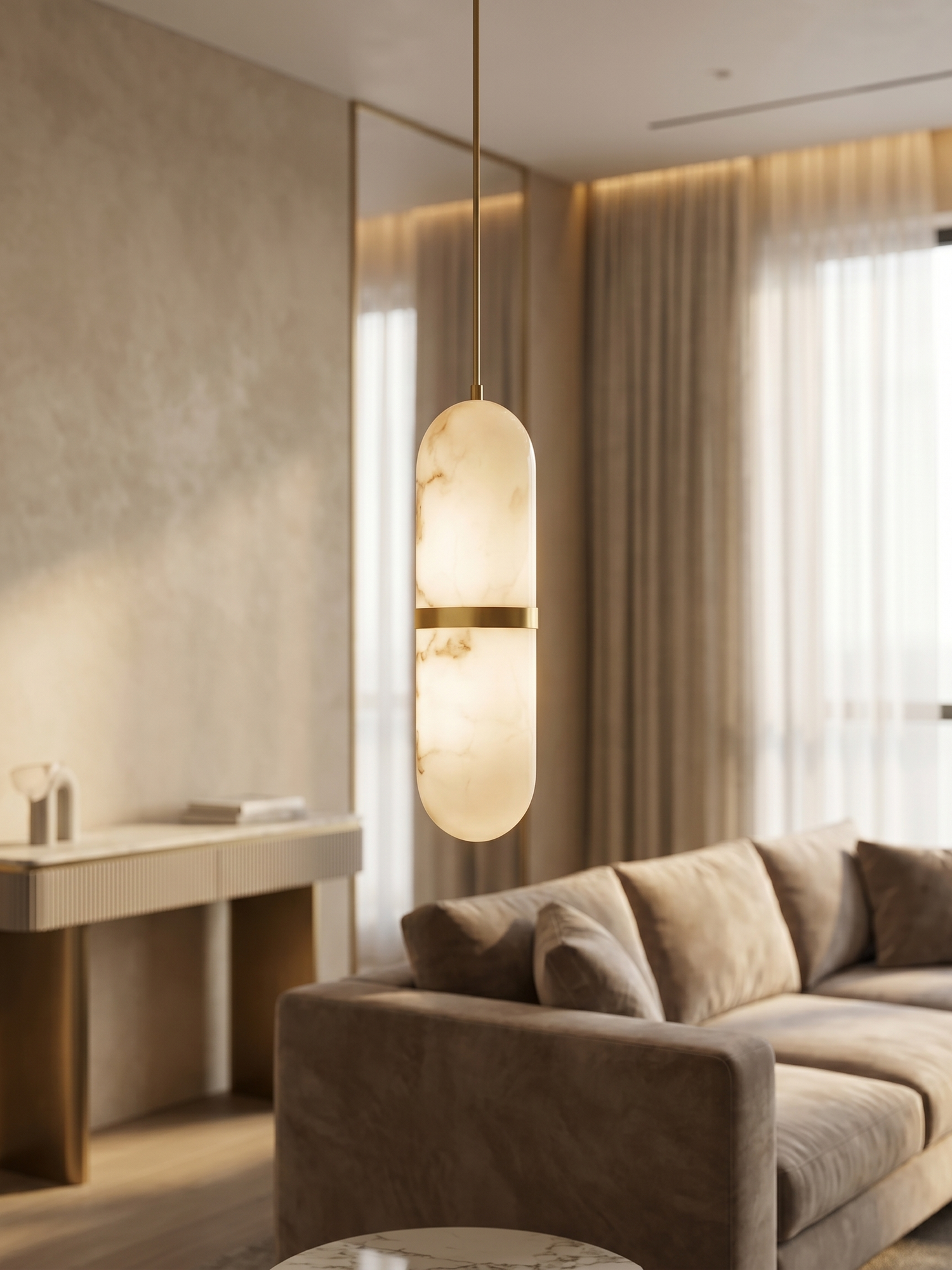 Translucent capsule pendant in modern interior, lifestyle