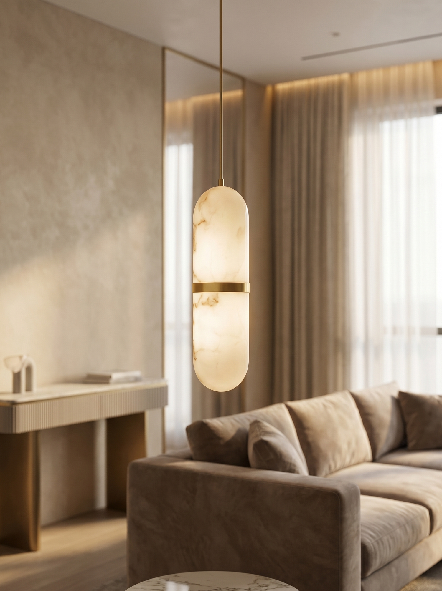 Translucent capsule pendant in modern interior, lifestyle