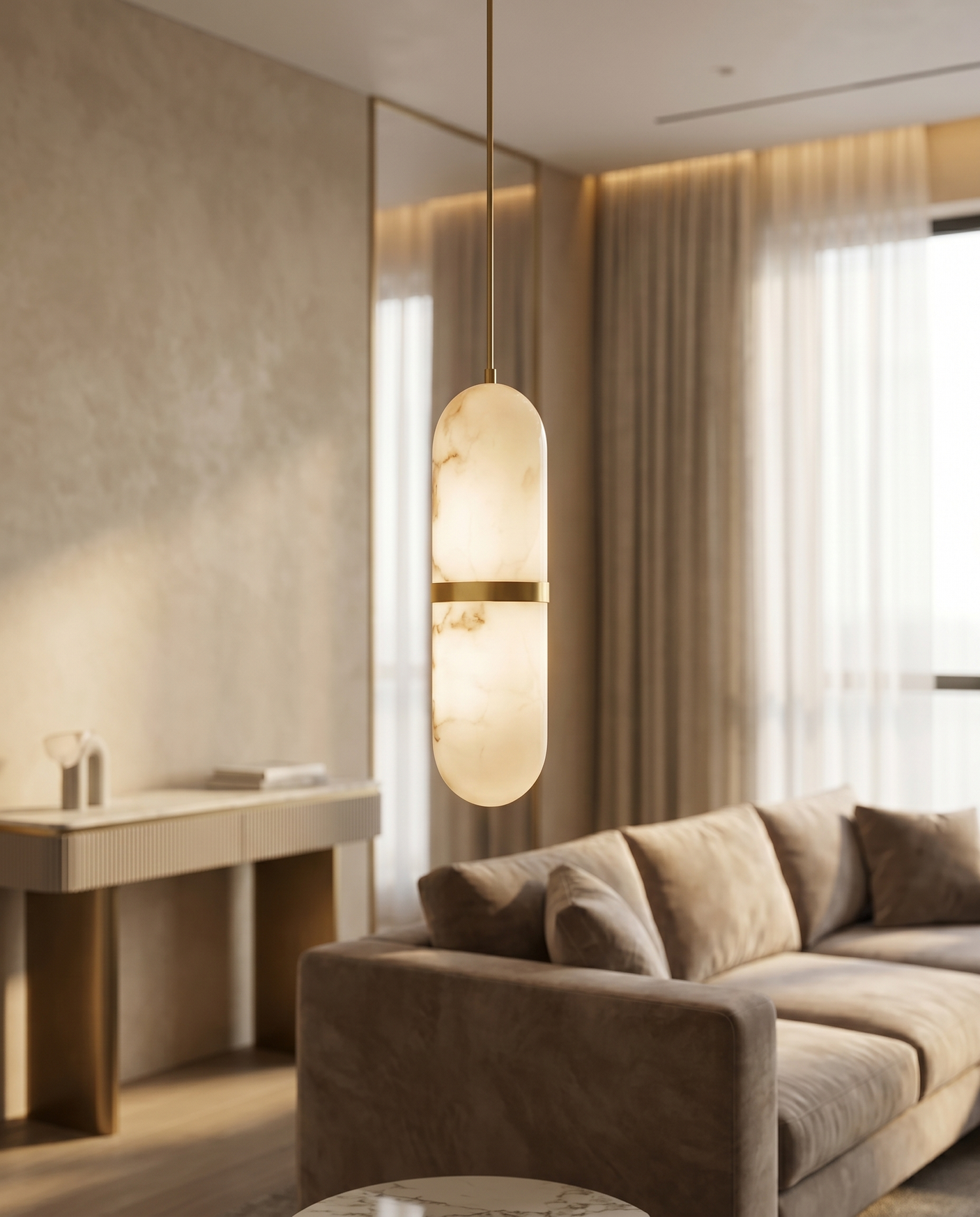 Translucent capsule pendant in modern interior, lifestyle
