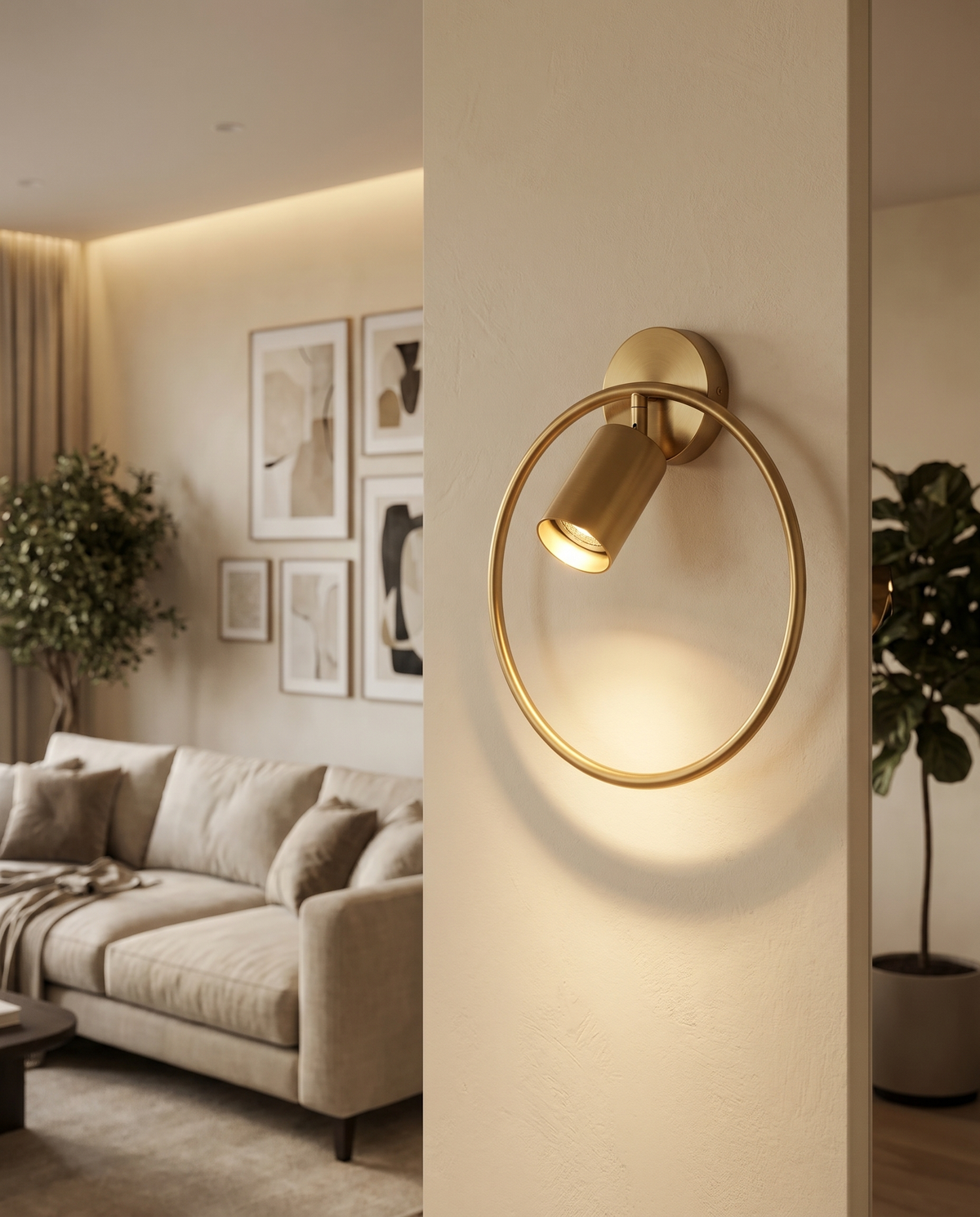 Sculptural brushed-gold wall sconce, lifestyle
