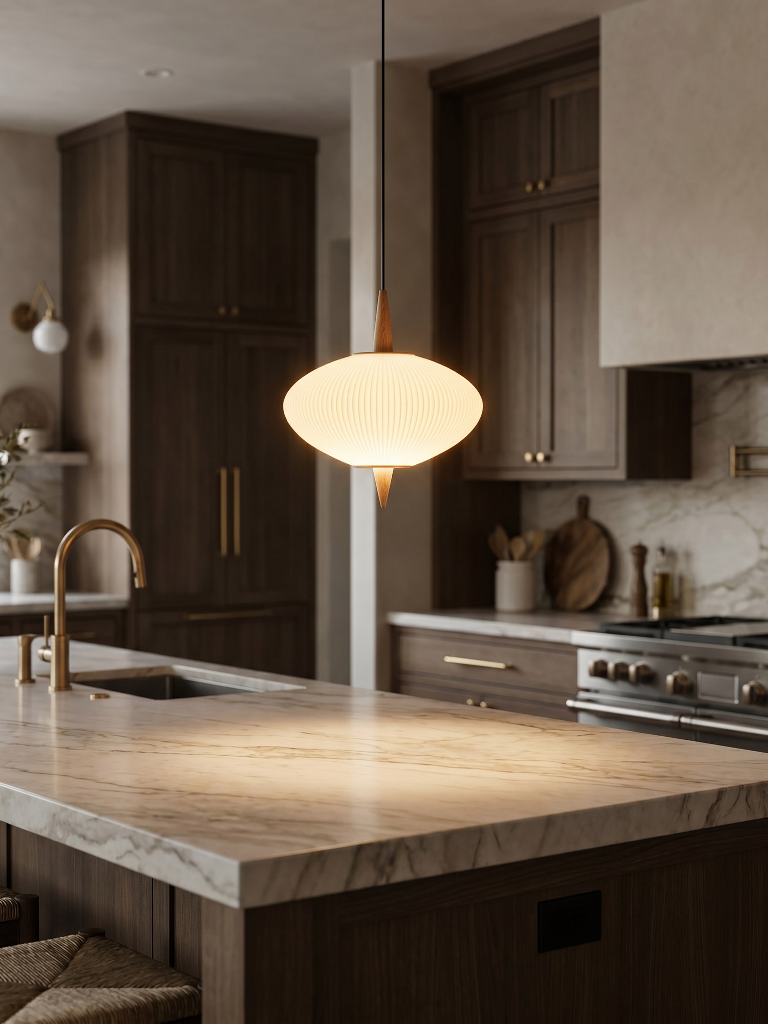 Organic wooden pendant over kitchen island, lifestyle