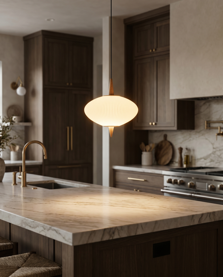 Organic wooden pendant over kitchen island, lifestyle