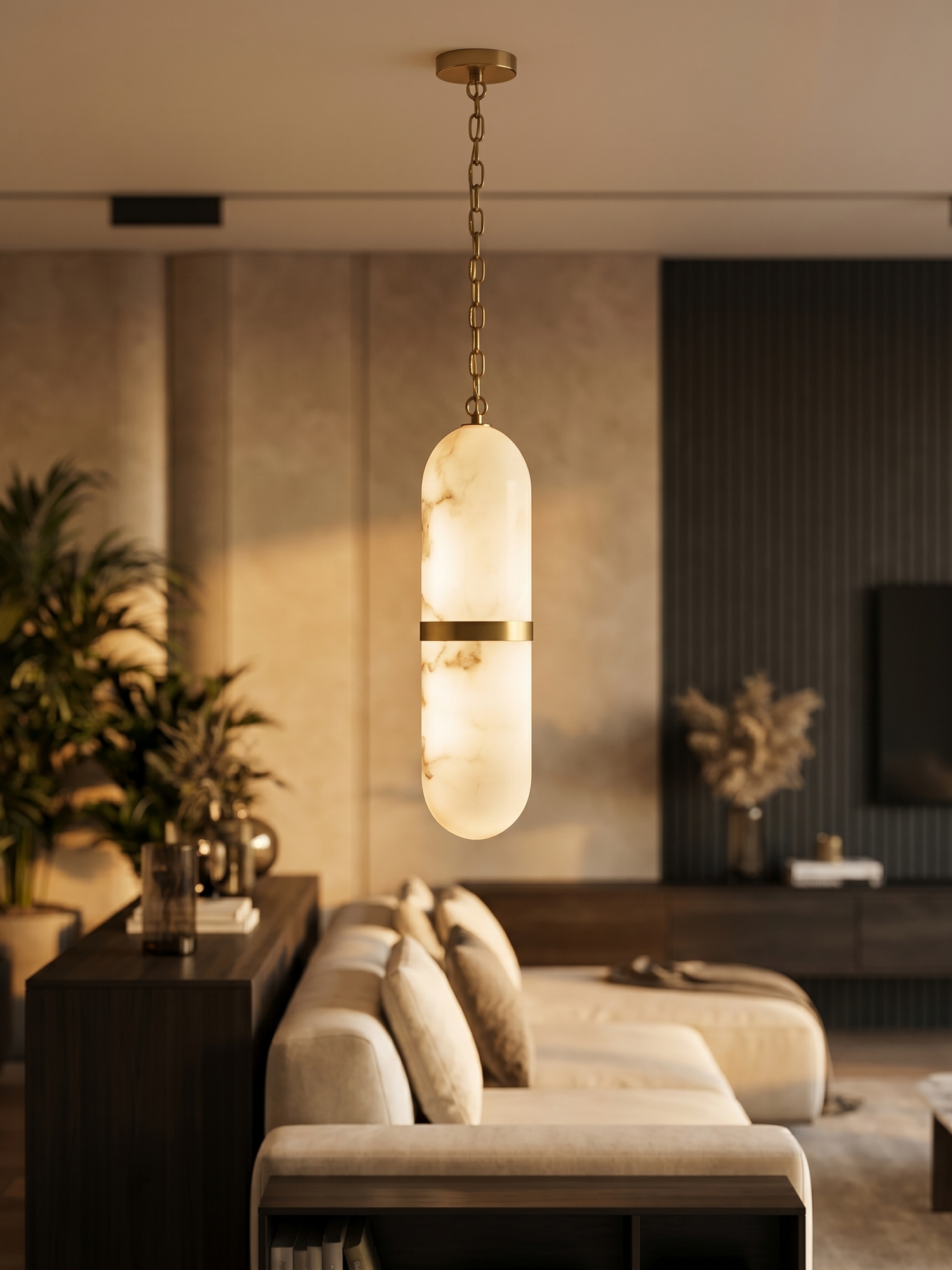 Translucent capsule pendant in modern interior, lifestyle