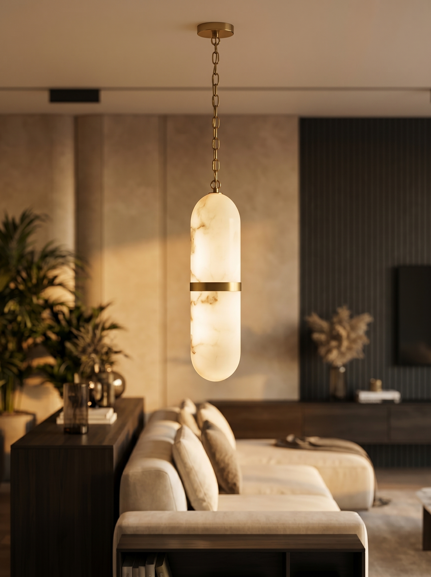 Translucent capsule pendant in modern interior, lifestyle