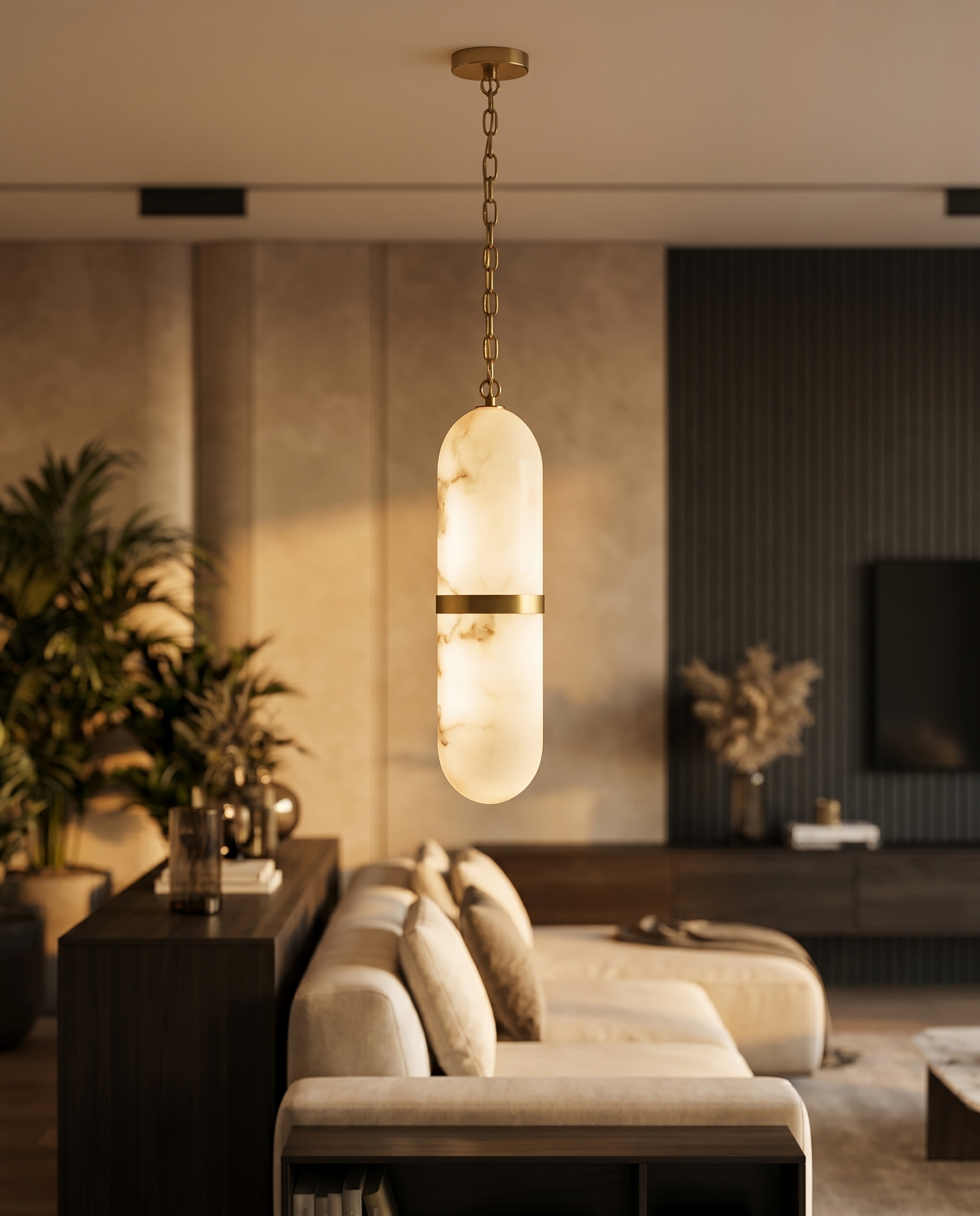 Translucent capsule pendant in modern interior, lifestyle
