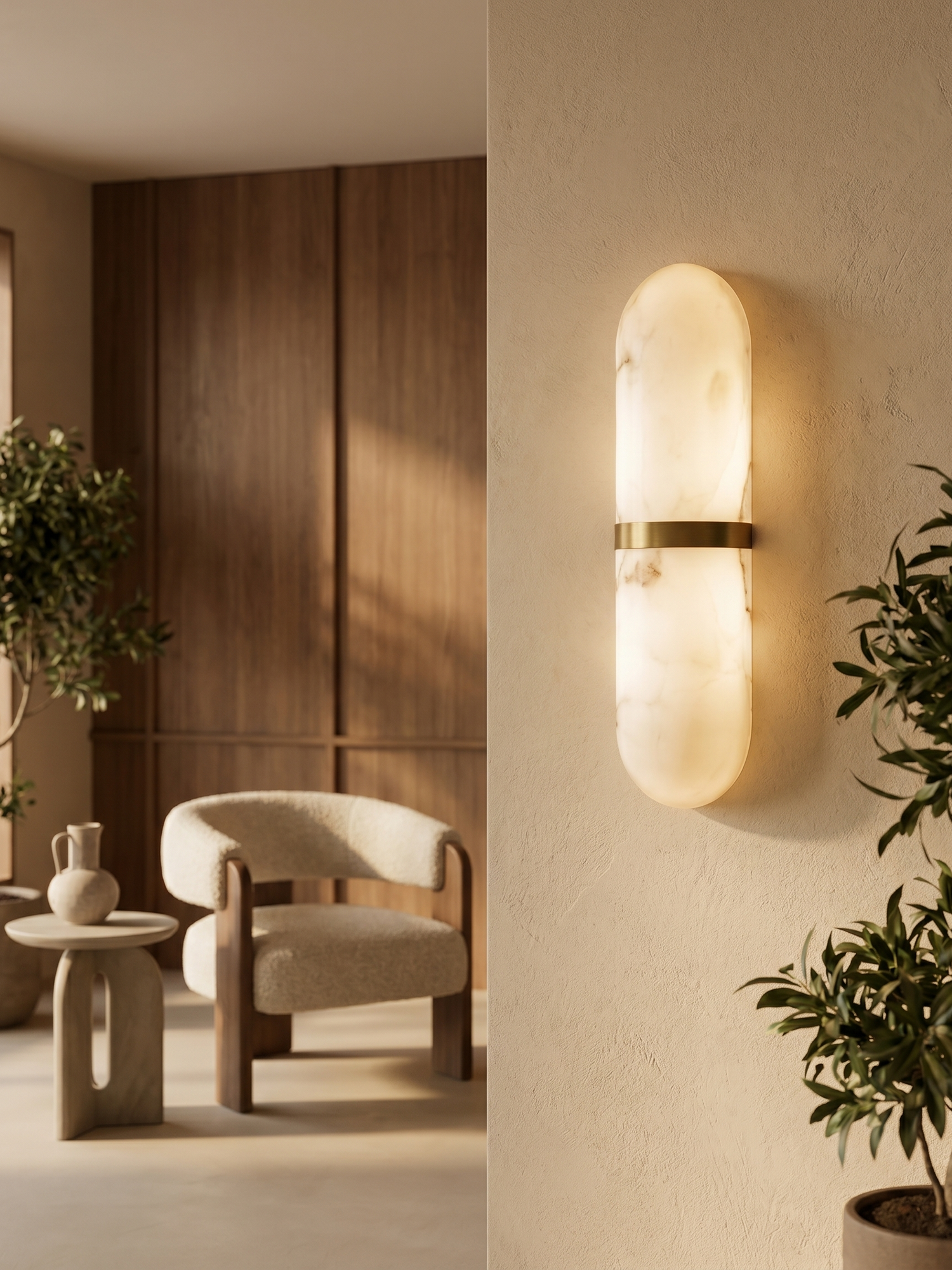Translucent capsule wall light mounted on wall, lifestyle