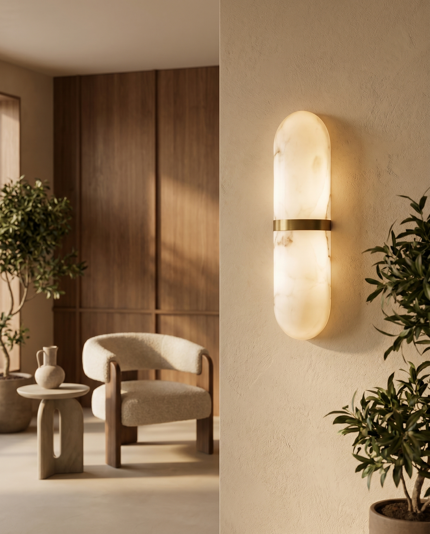 Translucent capsule wall light mounted on wall, lifestyle