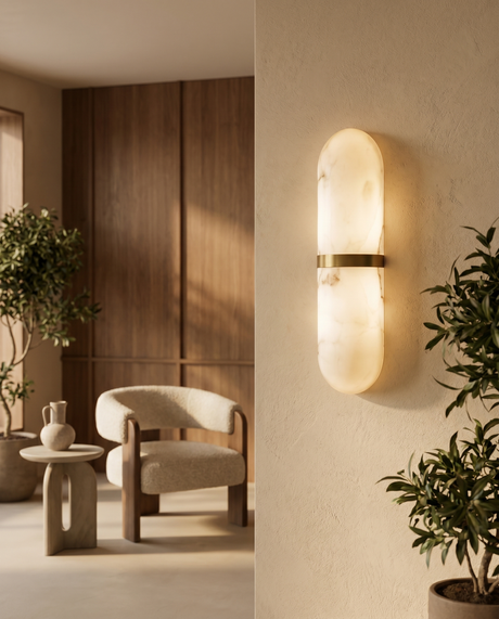 Translucent capsule wall light mounted on wall, lifestyle