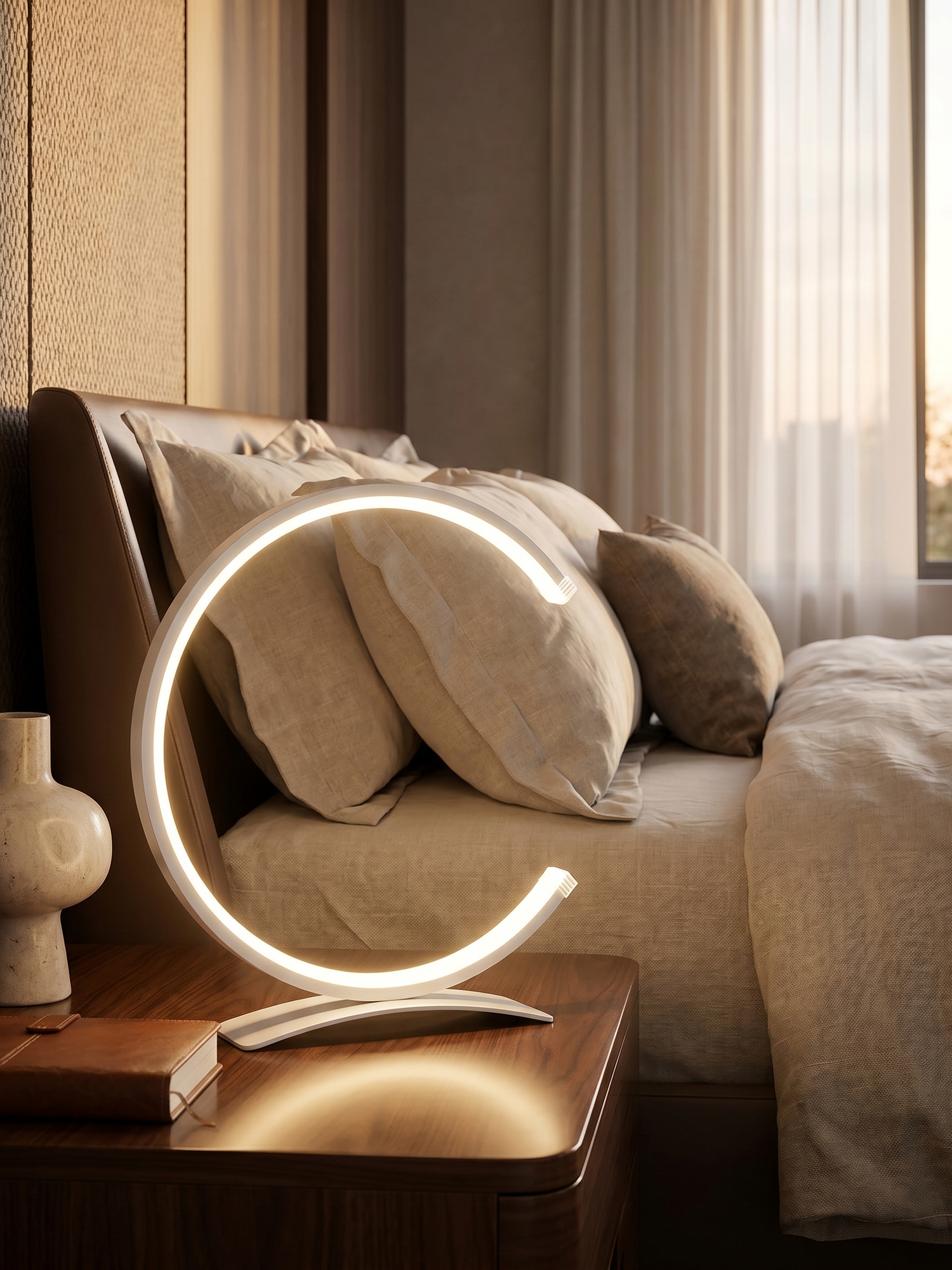 C-shaped table lamp on bedside table, lifestyle