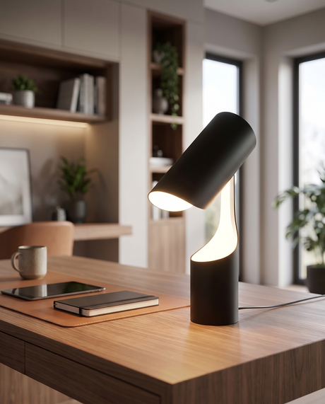 Nordic adjustable LED desk lamp on desk, lifestyle