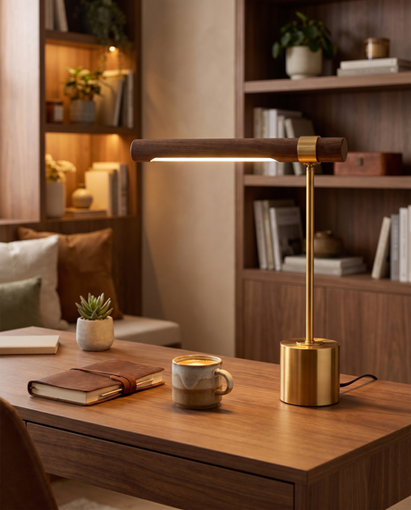 Wood and brass LED desk lamp on desk, lifestyle
