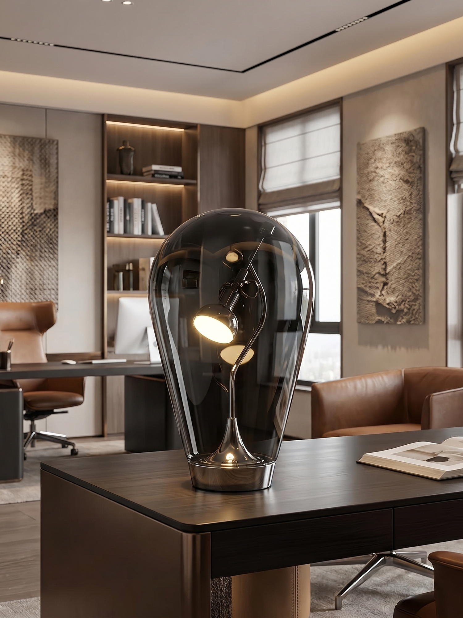 Black glass desk lamp on home office desk, lifestyle