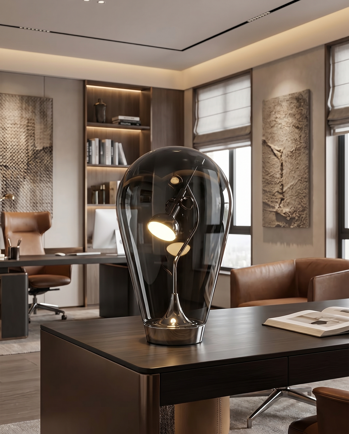 Black glass desk lamp on home office desk, lifestyle