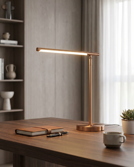 Brushed-copper LED desk lamp on desk, lifestyle