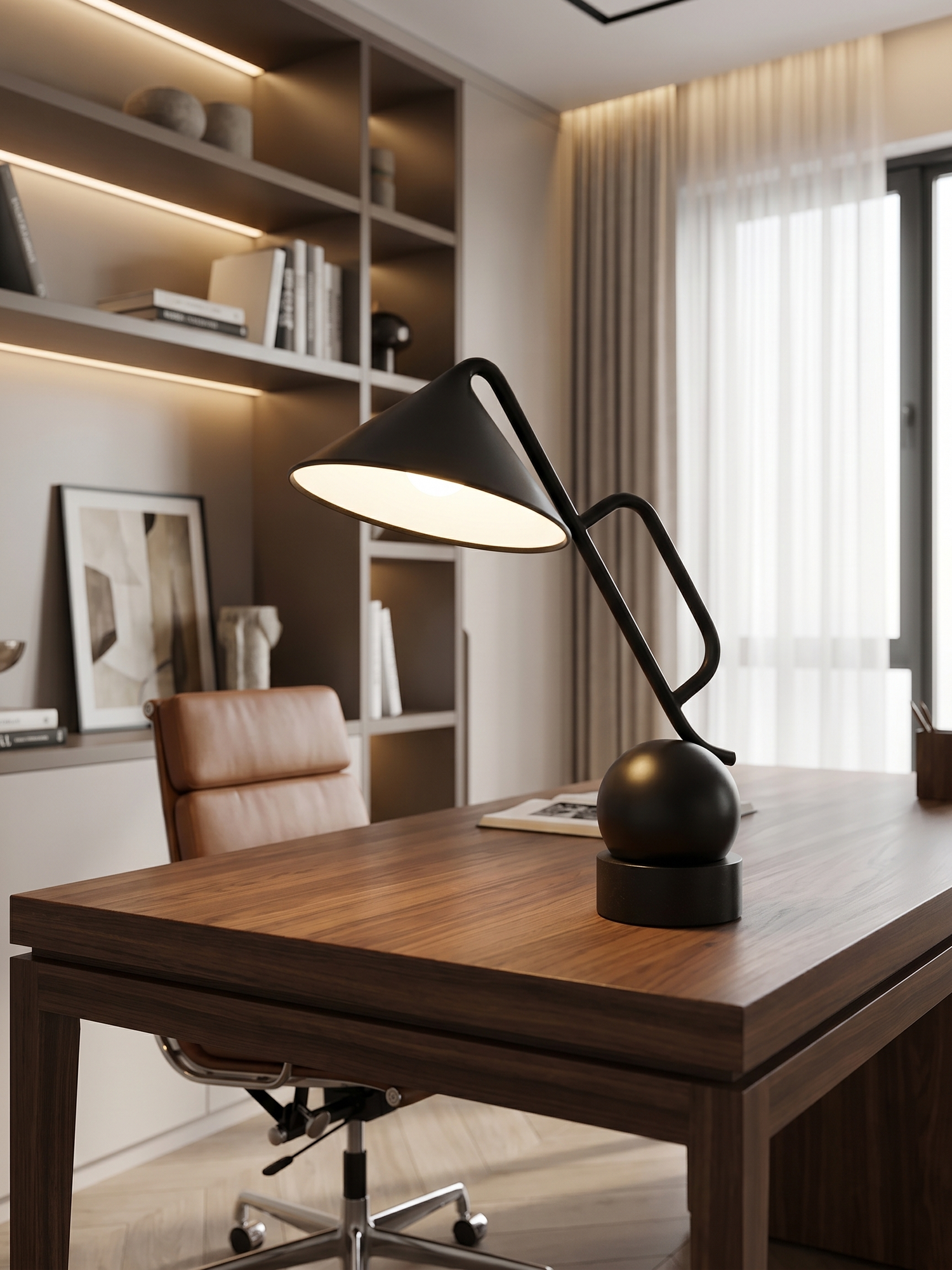 Adjustable black LED desk lamp on desk, lifestyle