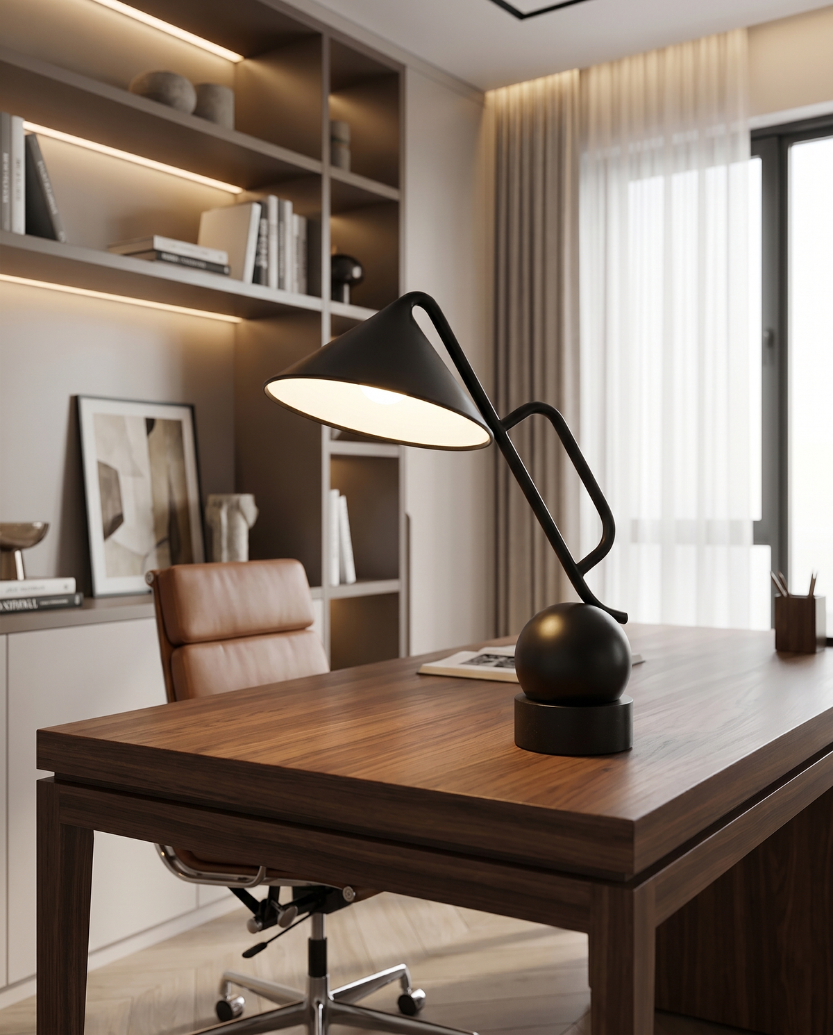 Adjustable black LED desk lamp on desk, lifestyle