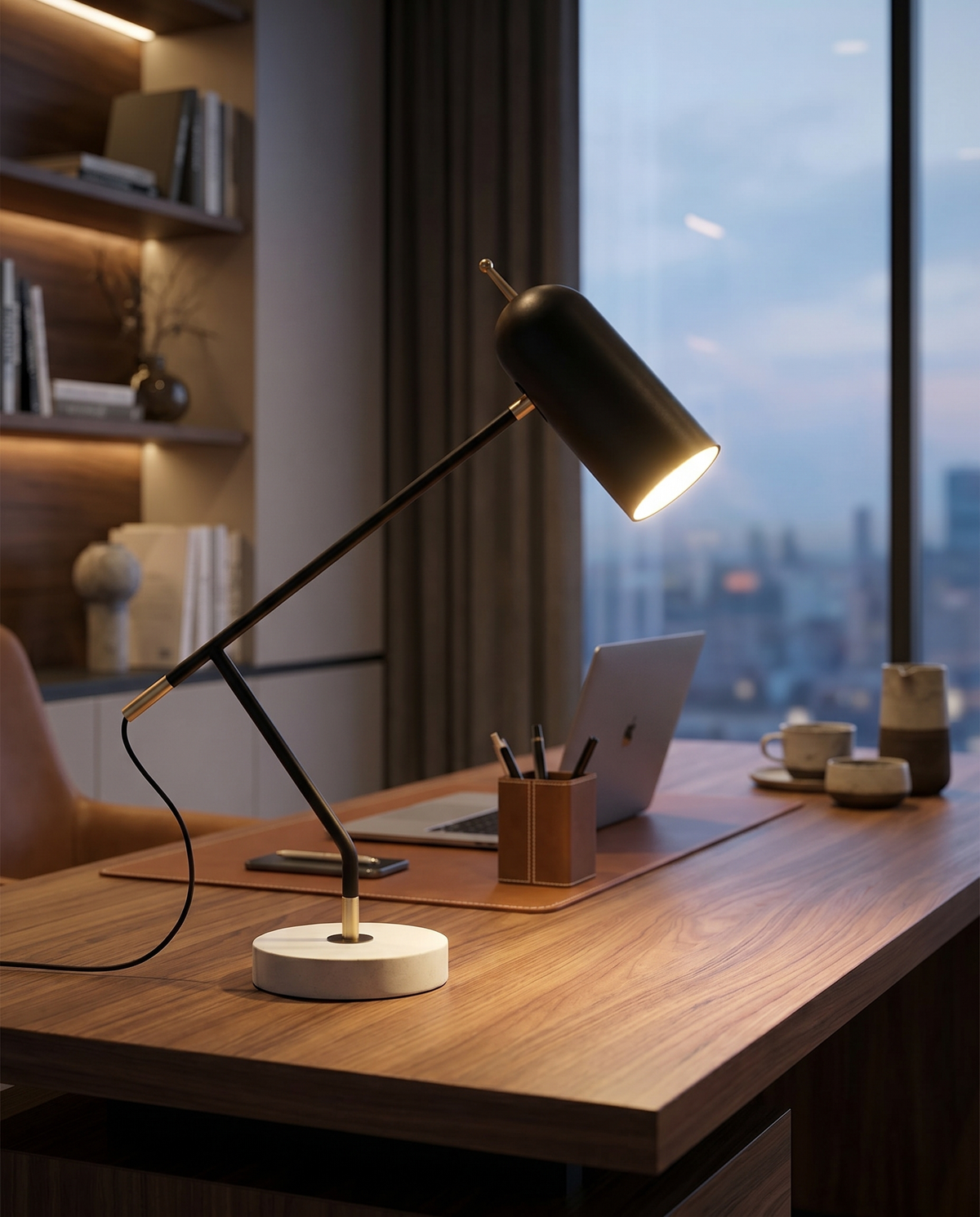 Black minimalist desk lamp on desk, lifestyle