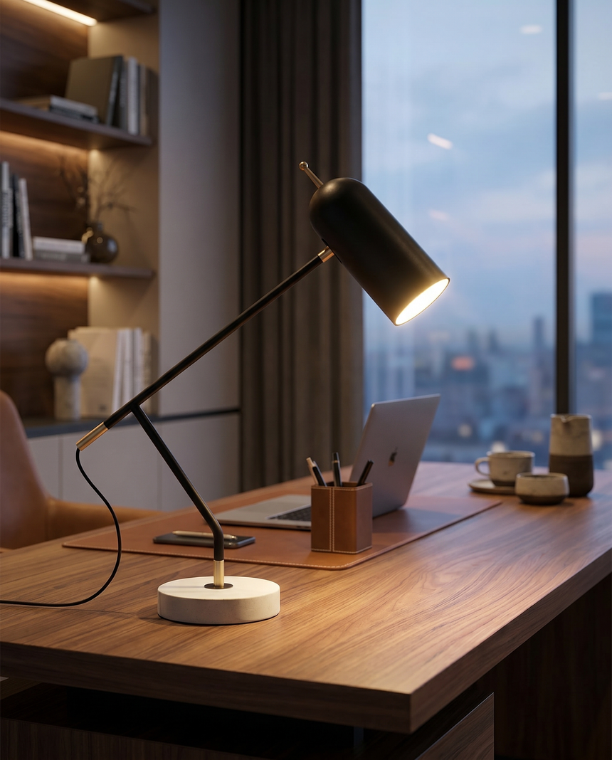 Black minimalist desk lamp on desk, lifestyle