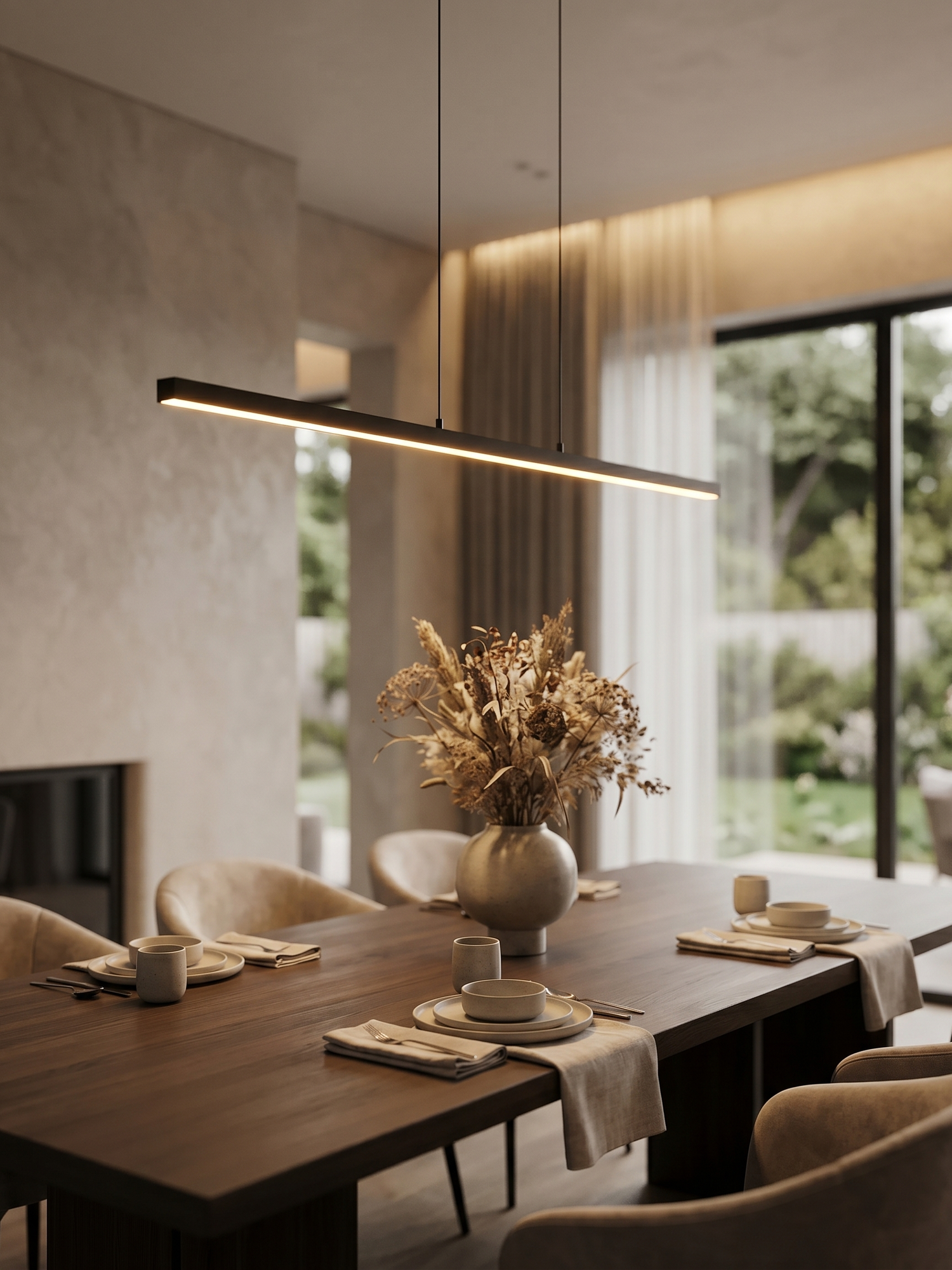 Up-down linear LED pendant over dining table, lifestyle