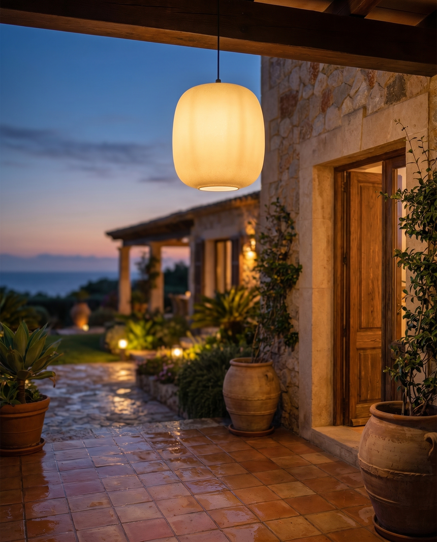 Waterproof outdoor hanging pendant over patio, lifestyle