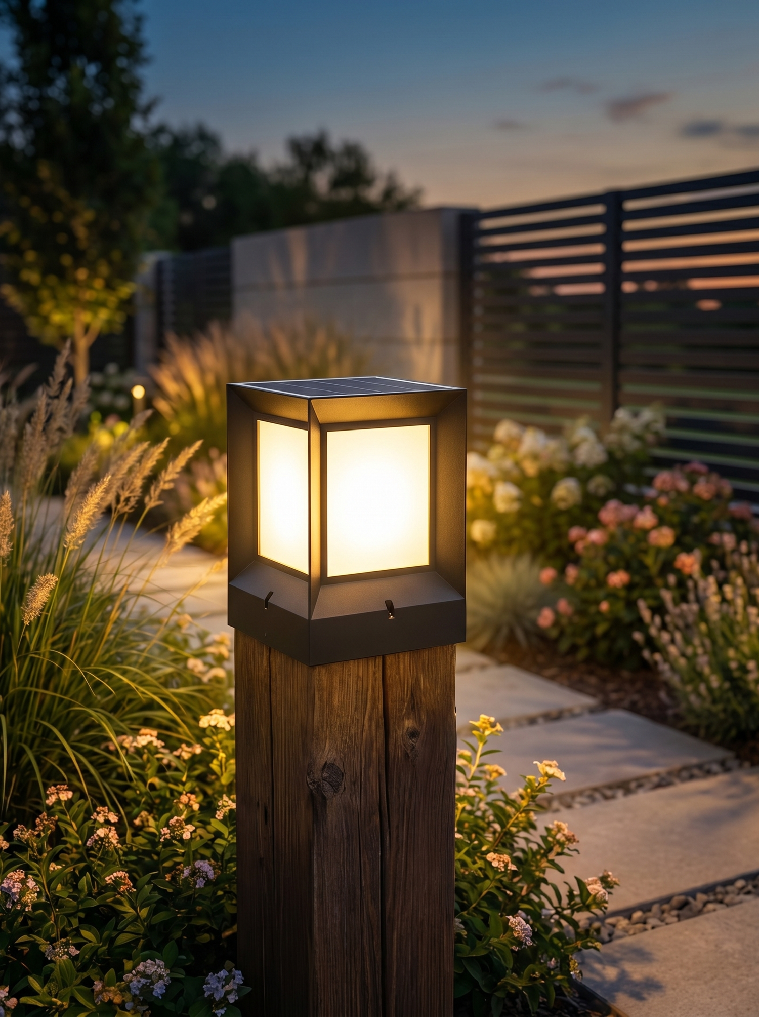 Square solar LED post light in garden at dusk, lifestyle