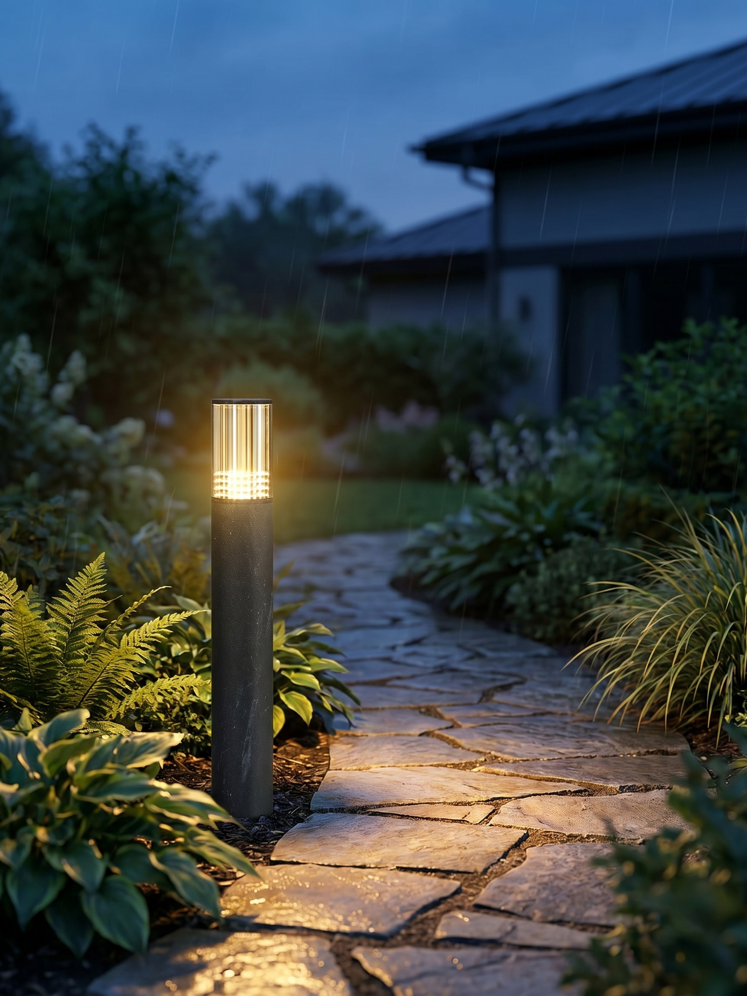 Cylinder LED garden pillar light along path at dusk, lifestyle